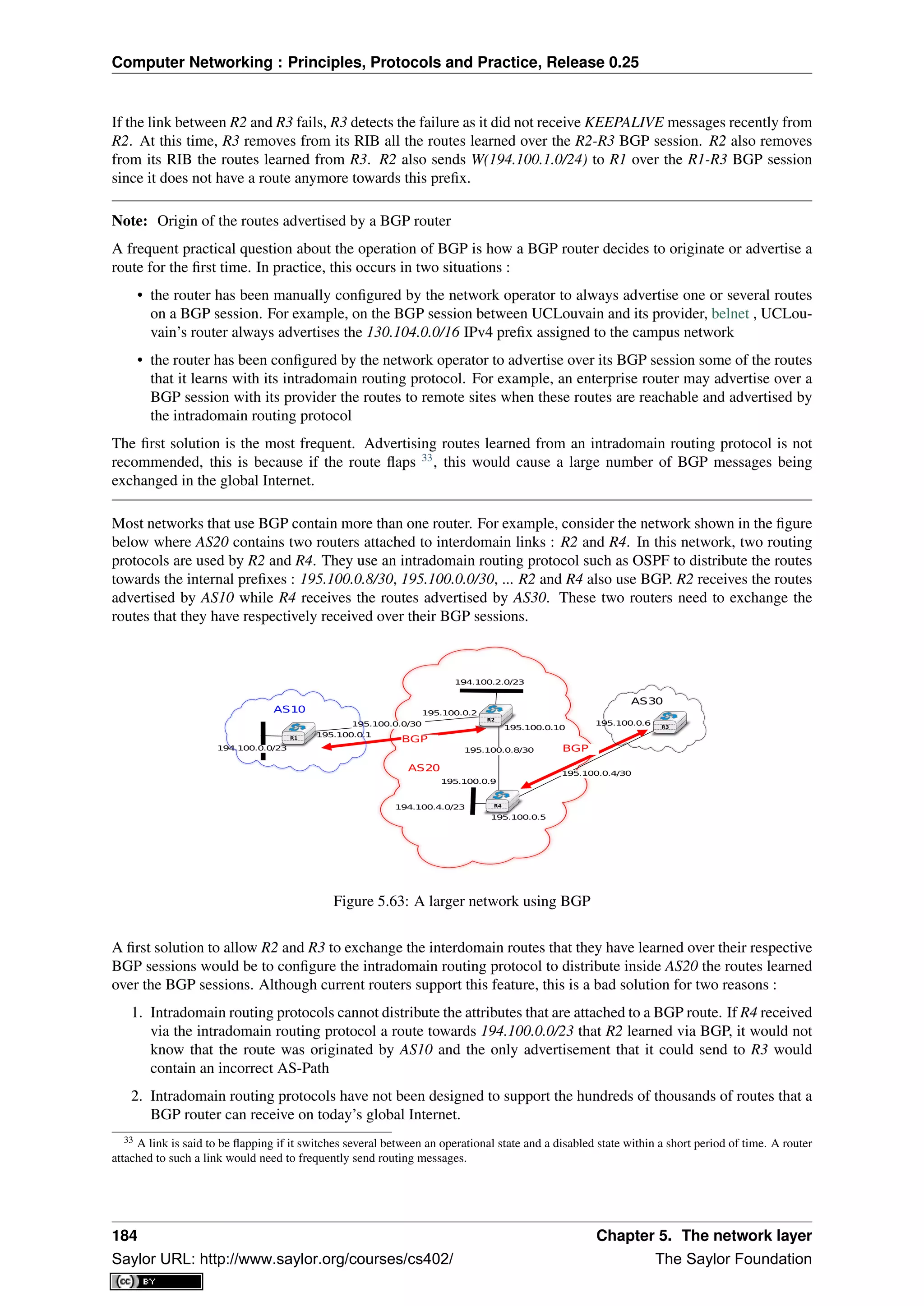 Computer Networking : Principles, Protocols and Practice, Release 0.25
If the link between R2 and R3 fails, R3 detects the failure as it did not receive KEEPALIVE messages recently from
R2. At this time, R3 removes from its RIB all the routes learned over the R2-R3 BGP session. R2 also removes
from its RIB the routes learned from R3. R2 also sends W(194.100.1.0/24) to R1 over the R1-R3 BGP session
since it does not have a route anymore towards this preﬁx.
Note: Origin of the routes advertised by a BGP router
A frequent practical question about the operation of BGP is how a BGP router decides to originate or advertise a
route for the ﬁrst time. In practice, this occurs in two situations :
• the router has been manually conﬁgured by the network operator to always advertise one or several routes
on a BGP session. For example, on the BGP session between UCLouvain and its provider, belnet , UCLou-
vain’s router always advertises the 130.104.0.0/16 IPv4 preﬁx assigned to the campus network
• the router has been conﬁgured by the network operator to advertise over its BGP session some of the routes
that it learns with its intradomain routing protocol. For example, an enterprise router may advertise over a
BGP session with its provider the routes to remote sites when these routes are reachable and advertised by
the intradomain routing protocol
The ﬁrst solution is the most frequent. Advertising routes learned from an intradomain routing protocol is not
recommended, this is because if the route ﬂaps 33
, this would cause a large number of BGP messages being
exchanged in the global Internet.
Most networks that use BGP contain more than one router. For example, consider the network shown in the ﬁgure
below where AS20 contains two routers attached to interdomain links : R2 and R4. In this network, two routing
protocols are used by R2 and R4. They use an intradomain routing protocol such as OSPF to distribute the routes
towards the internal preﬁxes : 195.100.0.8/30, 195.100.0.0/30, ... R2 and R4 also use BGP. R2 receives the routes
advertised by AS10 while R4 receives the routes advertised by AS30. These two routers need to exchange the
routes that they have respectively received over their BGP sessions.
AS20
AS30
AS10
194.100.2.0/23
195.100.0.1
195.100.0.2
195.100.0.5
195.100.0.6
194.100.0.0/23
195.100.0.0/30
195.100.0.4/30
194.100.4.0/23
195.100.0.8/30
195.100.0.9
195.100.0.10
BGP
BGP
R3
R4
R2
R1
Figure 5.63: A larger network using BGP
A ﬁrst solution to allow R2 and R3 to exchange the interdomain routes that they have learned over their respective
BGP sessions would be to conﬁgure the intradomain routing protocol to distribute inside AS20 the routes learned
over the BGP sessions. Although current routers support this feature, this is a bad solution for two reasons :
1. Intradomain routing protocols cannot distribute the attributes that are attached to a BGP route. If R4 received
via the intradomain routing protocol a route towards 194.100.0.0/23 that R2 learned via BGP, it would not
know that the route was originated by AS10 and the only advertisement that it could send to R3 would
contain an incorrect AS-Path
2. Intradomain routing protocols have not been designed to support the hundreds of thousands of routes that a
BGP router can receive on today’s global Internet.
33 A link is said to be ﬂapping if it switches several between an operational state and a disabled state within a short period of time. A router
attached to such a link would need to frequently send routing messages.
184 Chapter 5. The network layer
Saylor URL: http://www.saylor.org/courses/cs402/ The Saylor Foundation
 