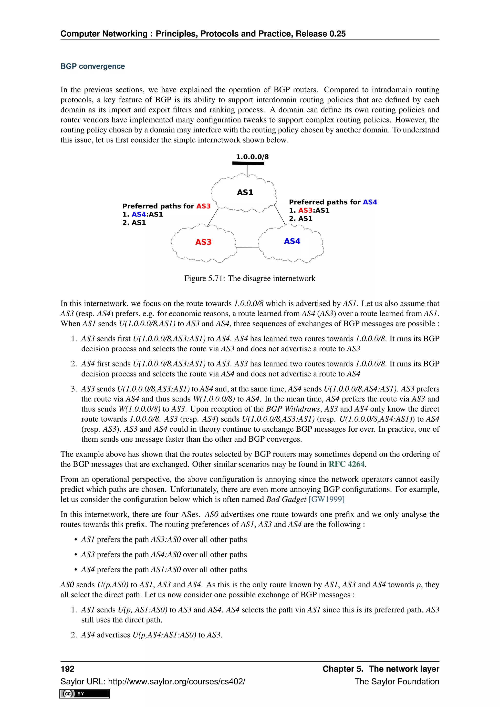 Computer Networking : Principles, Protocols and Practice, Release 0.25
BGP convergence
In the previous sections, we have explained the operation of BGP routers. Compared to intradomain routing
protocols, a key feature of BGP is its ability to support interdomain routing policies that are deﬁned by each
domain as its import and export ﬁlters and ranking process. A domain can deﬁne its own routing policies and
router vendors have implemented many conﬁguration tweaks to support complex routing policies. However, the
routing policy chosen by a domain may interfere with the routing policy chosen by another domain. To understand
this issue, let us ﬁrst consider the simple internetwork shown below.
Preferred paths for AS3
1. AS4:AS1
2. AS1
Preferred paths for AS4
1. AS3:AS1
2. AS1
1.0.0.0/8
AS1AS1
AS3AS3 AS4AS4
Figure 5.71: The disagree internetwork
In this internetwork, we focus on the route towards 1.0.0.0/8 which is advertised by AS1. Let us also assume that
AS3 (resp. AS4) prefers, e.g. for economic reasons, a route learned from AS4 (AS3) over a route learned from AS1.
When AS1 sends U(1.0.0.0/8,AS1) to AS3 and AS4, three sequences of exchanges of BGP messages are possible :
1. AS3 sends ﬁrst U(1.0.0.0/8,AS3:AS1) to AS4. AS4 has learned two routes towards 1.0.0.0/8. It runs its BGP
decision process and selects the route via AS3 and does not advertise a route to AS3
2. AS4 ﬁrst sends U(1.0.0.0/8,AS3:AS1) to AS3. AS3 has learned two routes towards 1.0.0.0/8. It runs its BGP
decision process and selects the route via AS4 and does not advertise a route to AS4
3. AS3 sends U(1.0.0.0/8,AS3:AS1) to AS4 and, at the same time, AS4 sends U(1.0.0.0/8,AS4:AS1). AS3 prefers
the route via AS4 and thus sends W(1.0.0.0/8) to AS4. In the mean time, AS4 prefers the route via AS3 and
thus sends W(1.0.0.0/8) to AS3. Upon reception of the BGP Withdraws, AS3 and AS4 only know the direct
route towards 1.0.0.0/8. AS3 (resp. AS4) sends U(1.0.0.0/8,AS3:AS1) (resp. U(1.0.0.0/8,AS4:AS1)) to AS4
(resp. AS3). AS3 and AS4 could in theory continue to exchange BGP messages for ever. In practice, one of
them sends one message faster than the other and BGP converges.
The example above has shown that the routes selected by BGP routers may sometimes depend on the ordering of
the BGP messages that are exchanged. Other similar scenarios may be found in RFC 4264.
From an operational perspective, the above conﬁguration is annoying since the network operators cannot easily
predict which paths are chosen. Unfortunately, there are even more annoying BGP conﬁgurations. For example,
let us consider the conﬁguration below which is often named Bad Gadget [GW1999]
In this internetwork, there are four ASes. AS0 advertises one route towards one preﬁx and we only analyse the
routes towards this preﬁx. The routing preferences of AS1, AS3 and AS4 are the following :
• AS1 prefers the path AS3:AS0 over all other paths
• AS3 prefers the path AS4:AS0 over all other paths
• AS4 prefers the path AS1:AS0 over all other paths
AS0 sends U(p,AS0) to AS1, AS3 and AS4. As this is the only route known by AS1, AS3 and AS4 towards p, they
all select the direct path. Let us now consider one possible exchange of BGP messages :
1. AS1 sends U(p, AS1:AS0) to AS3 and AS4. AS4 selects the path via AS1 since this is its preferred path. AS3
still uses the direct path.
2. AS4 advertises U(p,AS4:AS1:AS0) to AS3.
192 Chapter 5. The network layer
Saylor URL: http://www.saylor.org/courses/cs402/ The Saylor Foundation
 