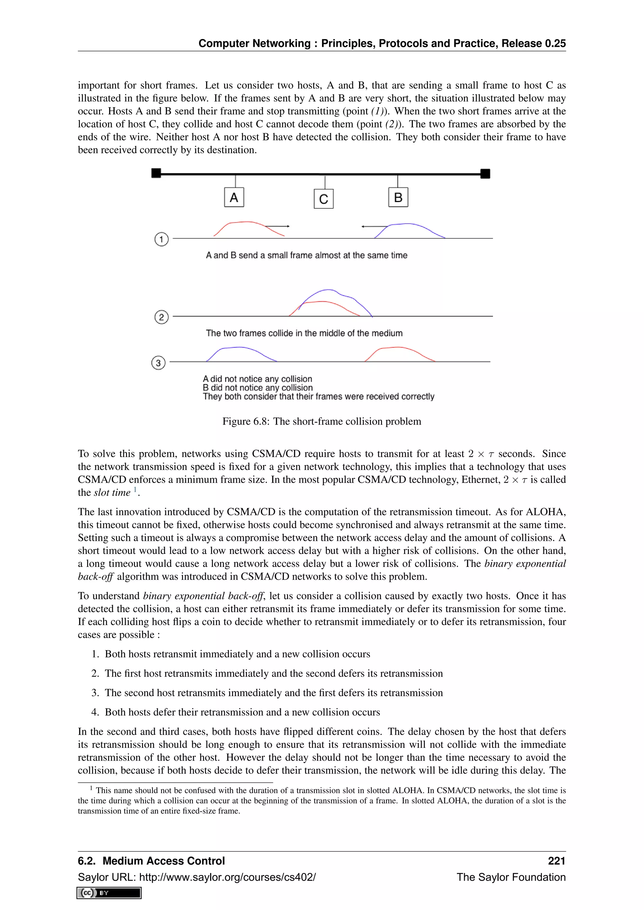 Computer Networking : Principles, Protocols and Practice, Release 0.25
important for short frames. Let us consider two hosts, A and B, that are sending a small frame to host C as
illustrated in the ﬁgure below. If the frames sent by A and B are very short, the situation illustrated below may
occur. Hosts A and B send their frame and stop transmitting (point (1)). When the two short frames arrive at the
location of host C, they collide and host C cannot decode them (point (2)). The two frames are absorbed by the
ends of the wire. Neither host A nor host B have detected the collision. They both consider their frame to have
been received correctly by its destination.
Figure 6.8: The short-frame collision problem
To solve this problem, networks using CSMA/CD require hosts to transmit for at least 2 × τ seconds. Since
the network transmission speed is ﬁxed for a given network technology, this implies that a technology that uses
CSMA/CD enforces a minimum frame size. In the most popular CSMA/CD technology, Ethernet, 2 × τ is called
the slot time 1
.
The last innovation introduced by CSMA/CD is the computation of the retransmission timeout. As for ALOHA,
this timeout cannot be ﬁxed, otherwise hosts could become synchronised and always retransmit at the same time.
Setting such a timeout is always a compromise between the network access delay and the amount of collisions. A
short timeout would lead to a low network access delay but with a higher risk of collisions. On the other hand,
a long timeout would cause a long network access delay but a lower risk of collisions. The binary exponential
back-off algorithm was introduced in CSMA/CD networks to solve this problem.
To understand binary exponential back-off, let us consider a collision caused by exactly two hosts. Once it has
detected the collision, a host can either retransmit its frame immediately or defer its transmission for some time.
If each colliding host ﬂips a coin to decide whether to retransmit immediately or to defer its retransmission, four
cases are possible :
1. Both hosts retransmit immediately and a new collision occurs
2. The ﬁrst host retransmits immediately and the second defers its retransmission
3. The second host retransmits immediately and the ﬁrst defers its retransmission
4. Both hosts defer their retransmission and a new collision occurs
In the second and third cases, both hosts have ﬂipped different coins. The delay chosen by the host that defers
its retransmission should be long enough to ensure that its retransmission will not collide with the immediate
retransmission of the other host. However the delay should not be longer than the time necessary to avoid the
collision, because if both hosts decide to defer their transmission, the network will be idle during this delay. The
1 This name should not be confused with the duration of a transmission slot in slotted ALOHA. In CSMA/CD networks, the slot time is
the time during which a collision can occur at the beginning of the transmission of a frame. In slotted ALOHA, the duration of a slot is the
transmission time of an entire ﬁxed-size frame.
6.2. Medium Access Control 221
Saylor URL: http://www.saylor.org/courses/cs402/ The Saylor Foundation
 