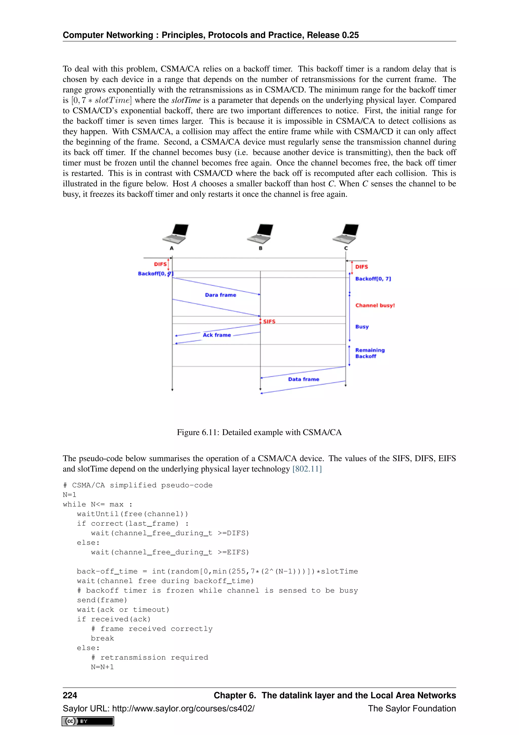 Computer Networking : Principles, Protocols and Practice, Release 0.25
To deal with this problem, CSMA/CA relies on a backoff timer. This backoff timer is a random delay that is
chosen by each device in a range that depends on the number of retransmissions for the current frame. The
range grows exponentially with the retransmissions as in CSMA/CD. The minimum range for the backoff timer
is [0, 7 ∗ slotTime] where the slotTime is a parameter that depends on the underlying physical layer. Compared
to CSMA/CD’s exponential backoff, there are two important differences to notice. First, the initial range for
the backoff timer is seven times larger. This is because it is impossible in CSMA/CA to detect collisions as
they happen. With CSMA/CA, a collision may affect the entire frame while with CSMA/CD it can only affect
the beginning of the frame. Second, a CSMA/CA device must regularly sense the transmission channel during
its back off timer. If the channel becomes busy (i.e. because another device is transmitting), then the back off
timer must be frozen until the channel becomes free again. Once the channel becomes free, the back off timer
is restarted. This is in contrast with CSMA/CD where the back off is recomputed after each collision. This is
illustrated in the ﬁgure below. Host A chooses a smaller backoff than host C. When C senses the channel to be
busy, it freezes its backoff timer and only restarts it once the channel is free again.
Figure 6.11: Detailed example with CSMA/CA
The pseudo-code below summarises the operation of a CSMA/CA device. The values of the SIFS, DIFS, EIFS
and slotTime depend on the underlying physical layer technology [802.11]
# CSMA/CA simplified pseudo-code
N=1
while N<= max :
waitUntil(free(channel))
if correct(last_frame) :
wait(channel_free_during_t >=DIFS)
else:
wait(channel_free_during_t >=EIFS)
back-off_time = int(random[0,min(255,7*(2^(N-1)))])*slotTime
wait(channel free during backoff_time)
# backoff timer is frozen while channel is sensed to be busy
send(frame)
wait(ack or timeout)
if received(ack)
# frame received correctly
break
else:
# retransmission required
N=N+1
224 Chapter 6. The datalink layer and the Local Area Networks
Saylor URL: http://www.saylor.org/courses/cs402/ The Saylor Foundation
 