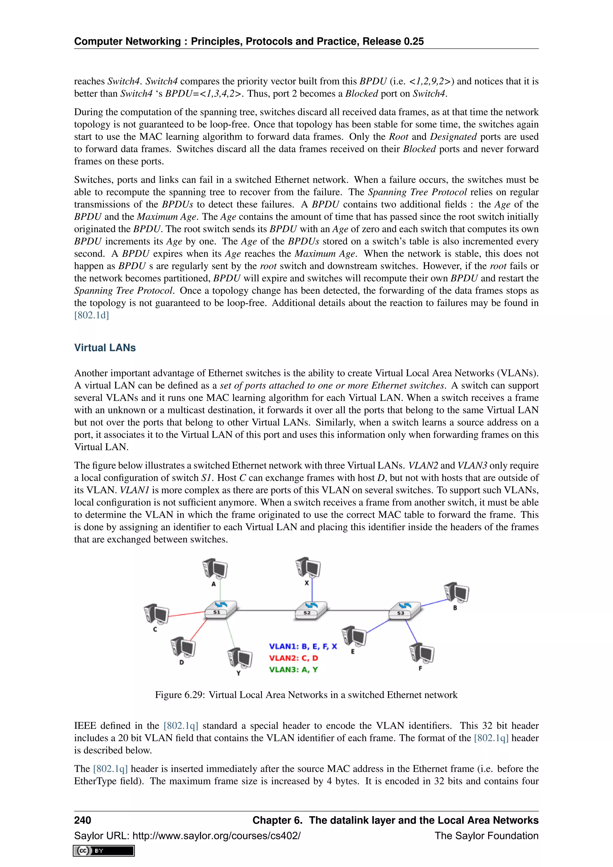 Computer Networking : Principles, Protocols and Practice, Release 0.25
reaches Switch4. Switch4 compares the priority vector built from this BPDU (i.e. <1,2,9,2>) and notices that it is
better than Switch4 ‘s BPDU=<1,3,4,2>. Thus, port 2 becomes a Blocked port on Switch4.
During the computation of the spanning tree, switches discard all received data frames, as at that time the network
topology is not guaranteed to be loop-free. Once that topology has been stable for some time, the switches again
start to use the MAC learning algorithm to forward data frames. Only the Root and Designated ports are used
to forward data frames. Switches discard all the data frames received on their Blocked ports and never forward
frames on these ports.
Switches, ports and links can fail in a switched Ethernet network. When a failure occurs, the switches must be
able to recompute the spanning tree to recover from the failure. The Spanning Tree Protocol relies on regular
transmissions of the BPDUs to detect these failures. A BPDU contains two additional ﬁelds : the Age of the
BPDU and the Maximum Age. The Age contains the amount of time that has passed since the root switch initially
originated the BPDU. The root switch sends its BPDU with an Age of zero and each switch that computes its own
BPDU increments its Age by one. The Age of the BPDUs stored on a switch’s table is also incremented every
second. A BPDU expires when its Age reaches the Maximum Age. When the network is stable, this does not
happen as BPDU s are regularly sent by the root switch and downstream switches. However, if the root fails or
the network becomes partitioned, BPDU will expire and switches will recompute their own BPDU and restart the
Spanning Tree Protocol. Once a topology change has been detected, the forwarding of the data frames stops as
the topology is not guaranteed to be loop-free. Additional details about the reaction to failures may be found in
[802.1d]
Virtual LANs
Another important advantage of Ethernet switches is the ability to create Virtual Local Area Networks (VLANs).
A virtual LAN can be deﬁned as a set of ports attached to one or more Ethernet switches. A switch can support
several VLANs and it runs one MAC learning algorithm for each Virtual LAN. When a switch receives a frame
with an unknown or a multicast destination, it forwards it over all the ports that belong to the same Virtual LAN
but not over the ports that belong to other Virtual LANs. Similarly, when a switch learns a source address on a
port, it associates it to the Virtual LAN of this port and uses this information only when forwarding frames on this
Virtual LAN.
The ﬁgure below illustrates a switched Ethernet network with three Virtual LANs. VLAN2 and VLAN3 only require
a local conﬁguration of switch S1. Host C can exchange frames with host D, but not with hosts that are outside of
its VLAN. VLAN1 is more complex as there are ports of this VLAN on several switches. To support such VLANs,
local conﬁguration is not sufﬁcient anymore. When a switch receives a frame from another switch, it must be able
to determine the VLAN in which the frame originated to use the correct MAC table to forward the frame. This
is done by assigning an identiﬁer to each Virtual LAN and placing this identiﬁer inside the headers of the frames
that are exchanged between switches.
Figure 6.29: Virtual Local Area Networks in a switched Ethernet network
IEEE deﬁned in the [802.1q] standard a special header to encode the VLAN identiﬁers. This 32 bit header
includes a 20 bit VLAN ﬁeld that contains the VLAN identiﬁer of each frame. The format of the [802.1q] header
is described below.
The [802.1q] header is inserted immediately after the source MAC address in the Ethernet frame (i.e. before the
EtherType ﬁeld). The maximum frame size is increased by 4 bytes. It is encoded in 32 bits and contains four
240 Chapter 6. The datalink layer and the Local Area Networks
Saylor URL: http://www.saylor.org/courses/cs402/ The Saylor Foundation
 
