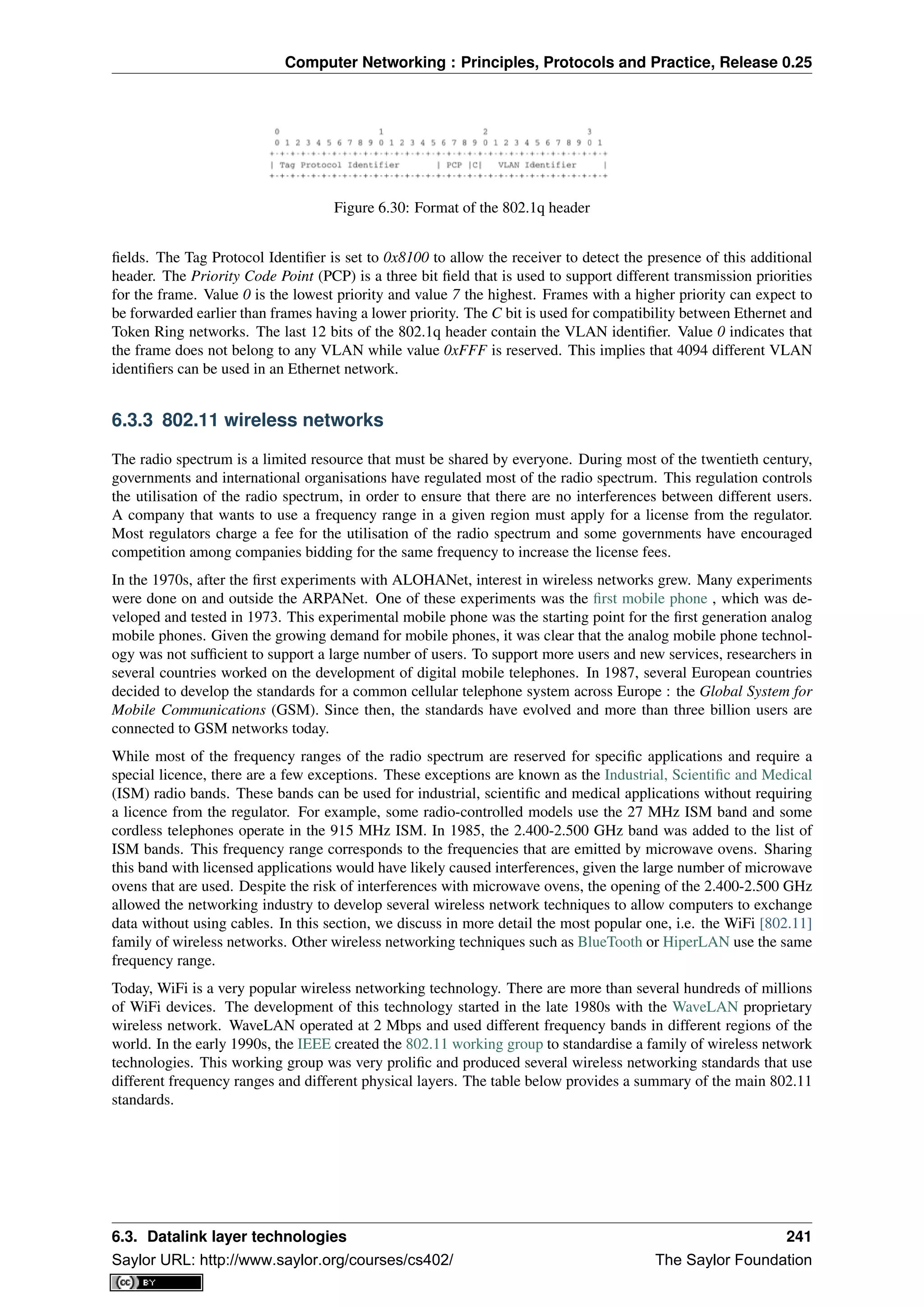 Computer Networking : Principles, Protocols and Practice, Release 0.25
Figure 6.30: Format of the 802.1q header
ﬁelds. The Tag Protocol Identiﬁer is set to 0x8100 to allow the receiver to detect the presence of this additional
header. The Priority Code Point (PCP) is a three bit ﬁeld that is used to support different transmission priorities
for the frame. Value 0 is the lowest priority and value 7 the highest. Frames with a higher priority can expect to
be forwarded earlier than frames having a lower priority. The C bit is used for compatibility between Ethernet and
Token Ring networks. The last 12 bits of the 802.1q header contain the VLAN identiﬁer. Value 0 indicates that
the frame does not belong to any VLAN while value 0xFFF is reserved. This implies that 4094 different VLAN
identiﬁers can be used in an Ethernet network.
6.3.3 802.11 wireless networks
The radio spectrum is a limited resource that must be shared by everyone. During most of the twentieth century,
governments and international organisations have regulated most of the radio spectrum. This regulation controls
the utilisation of the radio spectrum, in order to ensure that there are no interferences between different users.
A company that wants to use a frequency range in a given region must apply for a license from the regulator.
Most regulators charge a fee for the utilisation of the radio spectrum and some governments have encouraged
competition among companies bidding for the same frequency to increase the license fees.
In the 1970s, after the ﬁrst experiments with ALOHANet, interest in wireless networks grew. Many experiments
were done on and outside the ARPANet. One of these experiments was the ﬁrst mobile phone , which was de-
veloped and tested in 1973. This experimental mobile phone was the starting point for the ﬁrst generation analog
mobile phones. Given the growing demand for mobile phones, it was clear that the analog mobile phone technol-
ogy was not sufﬁcient to support a large number of users. To support more users and new services, researchers in
several countries worked on the development of digital mobile telephones. In 1987, several European countries
decided to develop the standards for a common cellular telephone system across Europe : the Global System for
Mobile Communications (GSM). Since then, the standards have evolved and more than three billion users are
connected to GSM networks today.
While most of the frequency ranges of the radio spectrum are reserved for speciﬁc applications and require a
special licence, there are a few exceptions. These exceptions are known as the Industrial, Scientiﬁc and Medical
(ISM) radio bands. These bands can be used for industrial, scientiﬁc and medical applications without requiring
a licence from the regulator. For example, some radio-controlled models use the 27 MHz ISM band and some
cordless telephones operate in the 915 MHz ISM. In 1985, the 2.400-2.500 GHz band was added to the list of
ISM bands. This frequency range corresponds to the frequencies that are emitted by microwave ovens. Sharing
this band with licensed applications would have likely caused interferences, given the large number of microwave
ovens that are used. Despite the risk of interferences with microwave ovens, the opening of the 2.400-2.500 GHz
allowed the networking industry to develop several wireless network techniques to allow computers to exchange
data without using cables. In this section, we discuss in more detail the most popular one, i.e. the WiFi [802.11]
family of wireless networks. Other wireless networking techniques such as BlueTooth or HiperLAN use the same
frequency range.
Today, WiFi is a very popular wireless networking technology. There are more than several hundreds of millions
of WiFi devices. The development of this technology started in the late 1980s with the WaveLAN proprietary
wireless network. WaveLAN operated at 2 Mbps and used different frequency bands in different regions of the
world. In the early 1990s, the IEEE created the 802.11 working group to standardise a family of wireless network
technologies. This working group was very proliﬁc and produced several wireless networking standards that use
different frequency ranges and different physical layers. The table below provides a summary of the main 802.11
standards.
6.3. Datalink layer technologies 241
Saylor URL: http://www.saylor.org/courses/cs402/ The Saylor Foundation
 