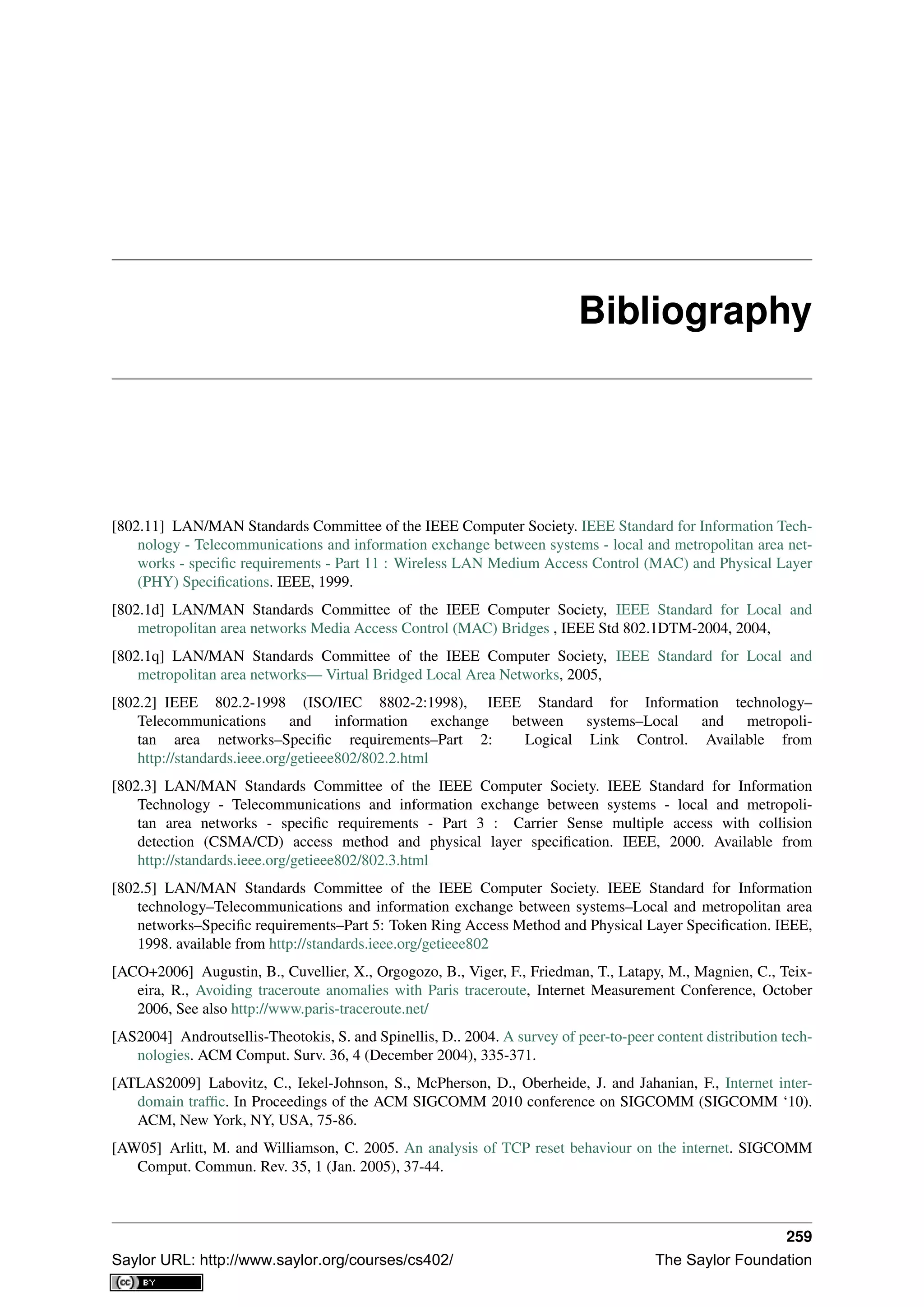 Bibliography
[802.11] LAN/MAN Standards Committee of the IEEE Computer Society. IEEE Standard for Information Tech-
nology - Telecommunications and information exchange between systems - local and metropolitan area net-
works - speciﬁc requirements - Part 11 : Wireless LAN Medium Access Control (MAC) and Physical Layer
(PHY) Speciﬁcations. IEEE, 1999.
[802.1d] LAN/MAN Standards Committee of the IEEE Computer Society, IEEE Standard for Local and
metropolitan area networks Media Access Control (MAC) Bridges , IEEE Std 802.1DTM-2004, 2004,
[802.1q] LAN/MAN Standards Committee of the IEEE Computer Society, IEEE Standard for Local and
metropolitan area networks— Virtual Bridged Local Area Networks, 2005,
[802.2] IEEE 802.2-1998 (ISO/IEC 8802-2:1998), IEEE Standard for Information technology–
Telecommunications and information exchange between systems–Local and metropoli-
tan area networks–Speciﬁc requirements–Part 2: Logical Link Control. Available from
http://standards.ieee.org/getieee802/802.2.html
[802.3] LAN/MAN Standards Committee of the IEEE Computer Society. IEEE Standard for Information
Technology - Telecommunications and information exchange between systems - local and metropoli-
tan area networks - speciﬁc requirements - Part 3 : Carrier Sense multiple access with collision
detection (CSMA/CD) access method and physical layer speciﬁcation. IEEE, 2000. Available from
http://standards.ieee.org/getieee802/802.3.html
[802.5] LAN/MAN Standards Committee of the IEEE Computer Society. IEEE Standard for Information
technology–Telecommunications and information exchange between systems–Local and metropolitan area
networks–Speciﬁc requirements–Part 5: Token Ring Access Method and Physical Layer Speciﬁcation. IEEE,
1998. available from http://standards.ieee.org/getieee802
[ACO+2006] Augustin, B., Cuvellier, X., Orgogozo, B., Viger, F., Friedman, T., Latapy, M., Magnien, C., Teix-
eira, R., Avoiding traceroute anomalies with Paris traceroute, Internet Measurement Conference, October
2006, See also http://www.paris-traceroute.net/
[AS2004] Androutsellis-Theotokis, S. and Spinellis, D.. 2004. A survey of peer-to-peer content distribution tech-
nologies. ACM Comput. Surv. 36, 4 (December 2004), 335-371.
[ATLAS2009] Labovitz, C., Iekel-Johnson, S., McPherson, D., Oberheide, J. and Jahanian, F., Internet inter-
domain trafﬁc. In Proceedings of the ACM SIGCOMM 2010 conference on SIGCOMM (SIGCOMM ‘10).
ACM, New York, NY, USA, 75-86.
[AW05] Arlitt, M. and Williamson, C. 2005. An analysis of TCP reset behaviour on the internet. SIGCOMM
Comput. Commun. Rev. 35, 1 (Jan. 2005), 37-44.
259
Saylor URL: http://www.saylor.org/courses/cs402/ The Saylor Foundation
 