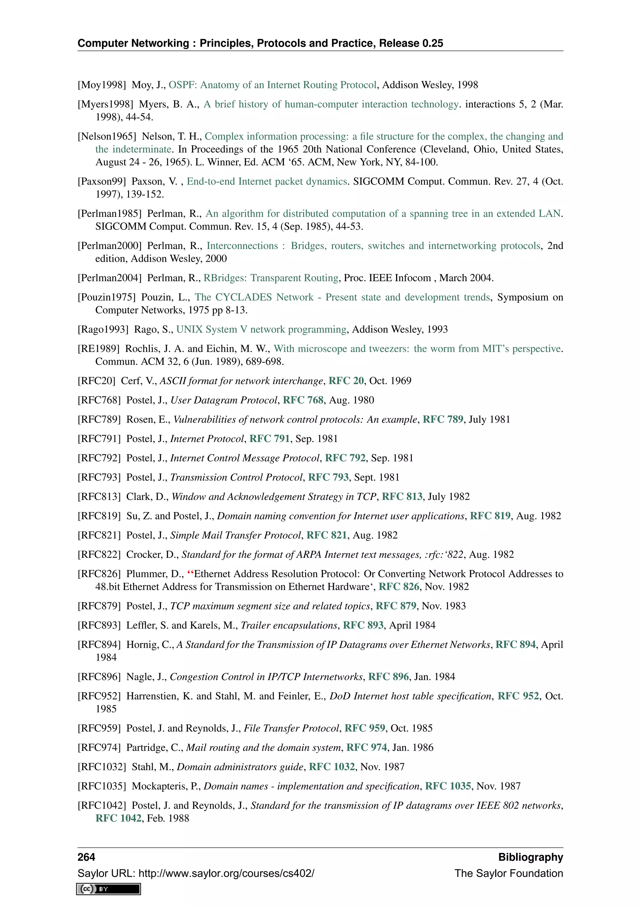 Computer Networking : Principles, Protocols and Practice, Release 0.25
[Moy1998] Moy, J., OSPF: Anatomy of an Internet Routing Protocol, Addison Wesley, 1998
[Myers1998] Myers, B. A., A brief history of human-computer interaction technology. interactions 5, 2 (Mar.
1998), 44-54.
[Nelson1965] Nelson, T. H., Complex information processing: a ﬁle structure for the complex, the changing and
the indeterminate. In Proceedings of the 1965 20th National Conference (Cleveland, Ohio, United States,
August 24 - 26, 1965). L. Winner, Ed. ACM ‘65. ACM, New York, NY, 84-100.
[Paxson99] Paxson, V. , End-to-end Internet packet dynamics. SIGCOMM Comput. Commun. Rev. 27, 4 (Oct.
1997), 139-152.
[Perlman1985] Perlman, R., An algorithm for distributed computation of a spanning tree in an extended LAN.
SIGCOMM Comput. Commun. Rev. 15, 4 (Sep. 1985), 44-53.
[Perlman2000] Perlman, R., Interconnections : Bridges, routers, switches and internetworking protocols, 2nd
edition, Addison Wesley, 2000
[Perlman2004] Perlman, R., RBridges: Transparent Routing, Proc. IEEE Infocom , March 2004.
[Pouzin1975] Pouzin, L., The CYCLADES Network - Present state and development trends, Symposium on
Computer Networks, 1975 pp 8-13.
[Rago1993] Rago, S., UNIX System V network programming, Addison Wesley, 1993
[RE1989] Rochlis, J. A. and Eichin, M. W., With microscope and tweezers: the worm from MIT’s perspective.
Commun. ACM 32, 6 (Jun. 1989), 689-698.
[RFC20] Cerf, V., ASCII format for network interchange, RFC 20, Oct. 1969
[RFC768] Postel, J., User Datagram Protocol, RFC 768, Aug. 1980
[RFC789] Rosen, E., Vulnerabilities of network control protocols: An example, RFC 789, July 1981
[RFC791] Postel, J., Internet Protocol, RFC 791, Sep. 1981
[RFC792] Postel, J., Internet Control Message Protocol, RFC 792, Sep. 1981
[RFC793] Postel, J., Transmission Control Protocol, RFC 793, Sept. 1981
[RFC813] Clark, D., Window and Acknowledgement Strategy in TCP, RFC 813, July 1982
[RFC819] Su, Z. and Postel, J., Domain naming convention for Internet user applications, RFC 819, Aug. 1982
[RFC821] Postel, J., Simple Mail Transfer Protocol, RFC 821, Aug. 1982
[RFC822] Crocker, D., Standard for the format of ARPA Internet text messages, :rfc:‘822, Aug. 1982
[RFC826] Plummer, D., ‘‘Ethernet Address Resolution Protocol: Or Converting Network Protocol Addresses to
48.bit Ethernet Address for Transmission on Ethernet Hardware‘, RFC 826, Nov. 1982
[RFC879] Postel, J., TCP maximum segment size and related topics, RFC 879, Nov. 1983
[RFC893] Lefﬂer, S. and Karels, M., Trailer encapsulations, RFC 893, April 1984
[RFC894] Hornig, C., A Standard for the Transmission of IP Datagrams over Ethernet Networks, RFC 894, April
1984
[RFC896] Nagle, J., Congestion Control in IP/TCP Internetworks, RFC 896, Jan. 1984
[RFC952] Harrenstien, K. and Stahl, M. and Feinler, E., DoD Internet host table speciﬁcation, RFC 952, Oct.
1985
[RFC959] Postel, J. and Reynolds, J., File Transfer Protocol, RFC 959, Oct. 1985
[RFC974] Partridge, C., Mail routing and the domain system, RFC 974, Jan. 1986
[RFC1032] Stahl, M., Domain administrators guide, RFC 1032, Nov. 1987
[RFC1035] Mockapteris, P., Domain names - implementation and speciﬁcation, RFC 1035, Nov. 1987
[RFC1042] Postel, J. and Reynolds, J., Standard for the transmission of IP datagrams over IEEE 802 networks,
RFC 1042, Feb. 1988
264 Bibliography
Saylor URL: http://www.saylor.org/courses/cs402/ The Saylor Foundation
 
