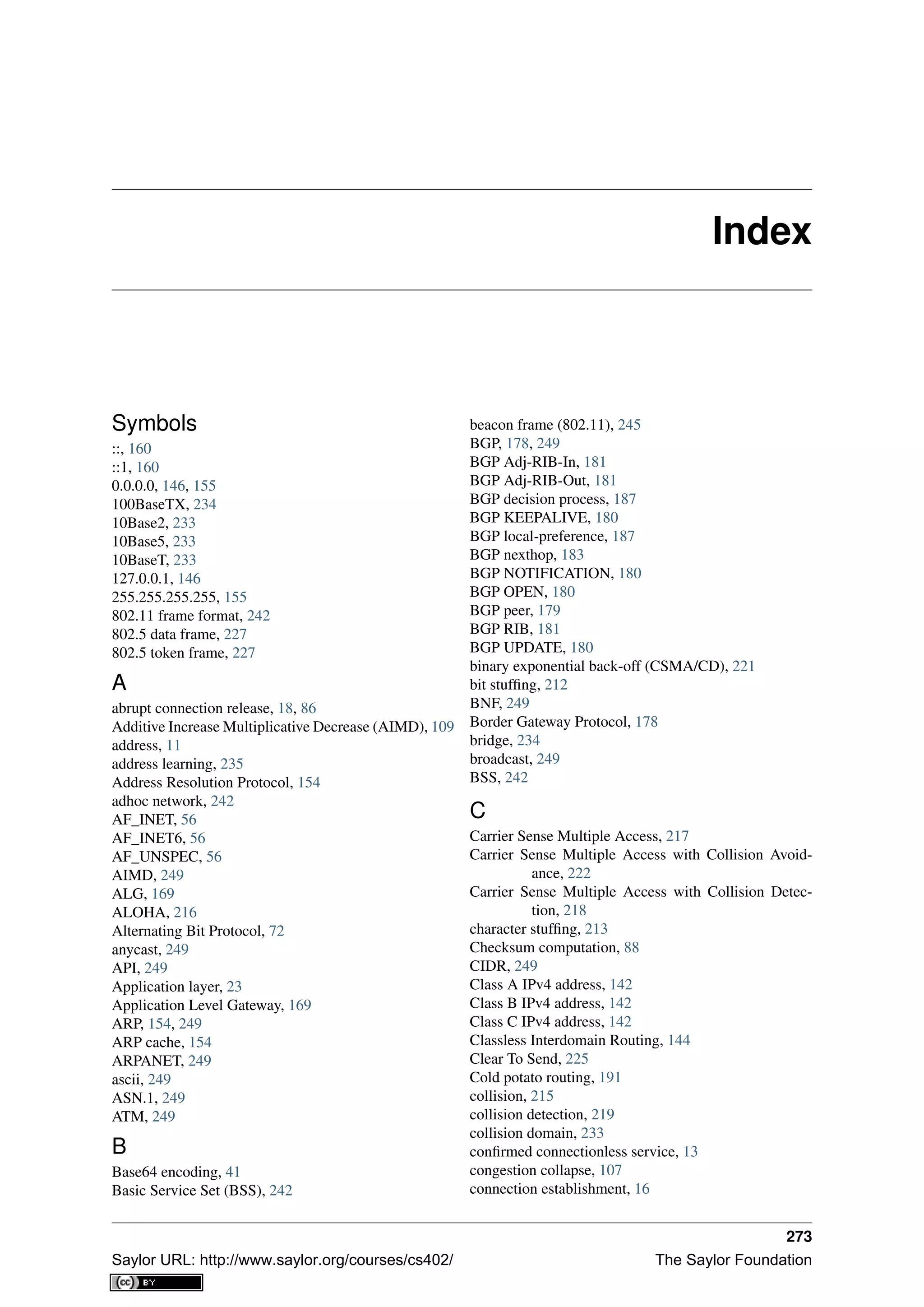 Index
Symbols
::, 160
::1, 160
0.0.0.0, 146, 155
100BaseTX, 234
10Base2, 233
10Base5, 233
10BaseT, 233
127.0.0.1, 146
255.255.255.255, 155
802.11 frame format, 242
802.5 data frame, 227
802.5 token frame, 227
A
abrupt connection release, 18, 86
Additive Increase Multiplicative Decrease (AIMD), 109
address, 11
address learning, 235
Address Resolution Protocol, 154
adhoc network, 242
AF_INET, 56
AF_INET6, 56
AF_UNSPEC, 56
AIMD, 249
ALG, 169
ALOHA, 216
Alternating Bit Protocol, 72
anycast, 249
API, 249
Application layer, 23
Application Level Gateway, 169
ARP, 154, 249
ARP cache, 154
ARPANET, 249
ascii, 249
ASN.1, 249
ATM, 249
B
Base64 encoding, 41
Basic Service Set (BSS), 242
beacon frame (802.11), 245
BGP, 178, 249
BGP Adj-RIB-In, 181
BGP Adj-RIB-Out, 181
BGP decision process, 187
BGP KEEPALIVE, 180
BGP local-preference, 187
BGP nexthop, 183
BGP NOTIFICATION, 180
BGP OPEN, 180
BGP peer, 179
BGP RIB, 181
BGP UPDATE, 180
binary exponential back-off (CSMA/CD), 221
bit stufﬁng, 212
BNF, 249
Border Gateway Protocol, 178
bridge, 234
broadcast, 249
BSS, 242
C
Carrier Sense Multiple Access, 217
Carrier Sense Multiple Access with Collision Avoid-
ance, 222
Carrier Sense Multiple Access with Collision Detec-
tion, 218
character stufﬁng, 213
Checksum computation, 88
CIDR, 249
Class A IPv4 address, 142
Class B IPv4 address, 142
Class C IPv4 address, 142
Classless Interdomain Routing, 144
Clear To Send, 225
Cold potato routing, 191
collision, 215
collision detection, 219
collision domain, 233
conﬁrmed connectionless service, 13
congestion collapse, 107
connection establishment, 16
273
Saylor URL: http://www.saylor.org/courses/cs402/ The Saylor Foundation
 