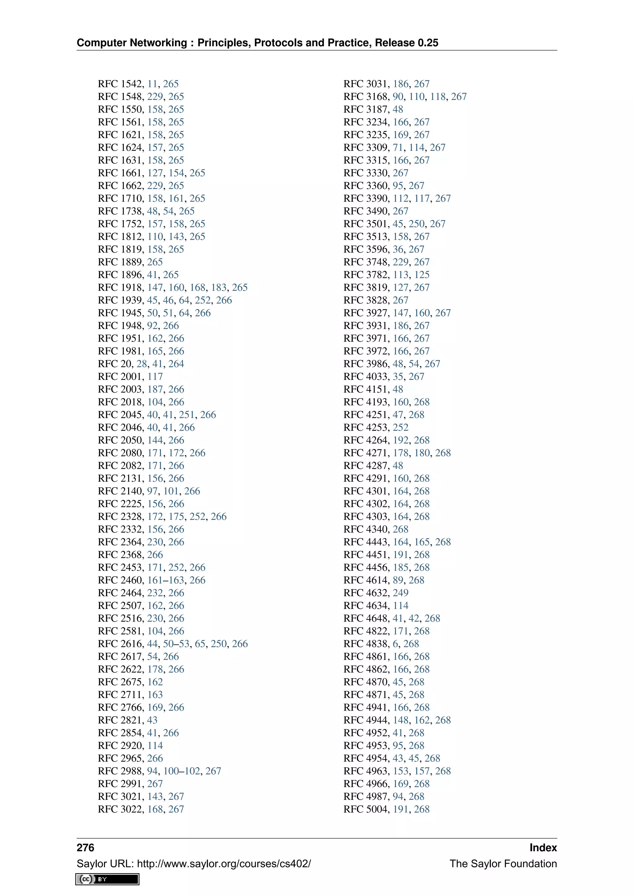 Computer Networking : Principles, Protocols and Practice, Release 0.25
RFC 1542, 11, 265
RFC 1548, 229, 265
RFC 1550, 158, 265
RFC 1561, 158, 265
RFC 1621, 158, 265
RFC 1624, 157, 265
RFC 1631, 158, 265
RFC 1661, 127, 154, 265
RFC 1662, 229, 265
RFC 1710, 158, 161, 265
RFC 1738, 48, 54, 265
RFC 1752, 157, 158, 265
RFC 1812, 110, 143, 265
RFC 1819, 158, 265
RFC 1889, 265
RFC 1896, 41, 265
RFC 1918, 147, 160, 168, 183, 265
RFC 1939, 45, 46, 64, 252, 266
RFC 1945, 50, 51, 64, 266
RFC 1948, 92, 266
RFC 1951, 162, 266
RFC 1981, 165, 266
RFC 20, 28, 41, 264
RFC 2001, 117
RFC 2003, 187, 266
RFC 2018, 104, 266
RFC 2045, 40, 41, 251, 266
RFC 2046, 40, 41, 266
RFC 2050, 144, 266
RFC 2080, 171, 172, 266
RFC 2082, 171, 266
RFC 2131, 156, 266
RFC 2140, 97, 101, 266
RFC 2225, 156, 266
RFC 2328, 172, 175, 252, 266
RFC 2332, 156, 266
RFC 2364, 230, 266
RFC 2368, 266
RFC 2453, 171, 252, 266
RFC 2460, 161–163, 266
RFC 2464, 232, 266
RFC 2507, 162, 266
RFC 2516, 230, 266
RFC 2581, 104, 266
RFC 2616, 44, 50–53, 65, 250, 266
RFC 2617, 54, 266
RFC 2622, 178, 266
RFC 2675, 162
RFC 2711, 163
RFC 2766, 169, 266
RFC 2821, 43
RFC 2854, 41, 266
RFC 2920, 114
RFC 2965, 266
RFC 2988, 94, 100–102, 267
RFC 2991, 267
RFC 3021, 143, 267
RFC 3022, 168, 267
RFC 3031, 186, 267
RFC 3168, 90, 110, 118, 267
RFC 3187, 48
RFC 3234, 166, 267
RFC 3235, 169, 267
RFC 3309, 71, 114, 267
RFC 3315, 166, 267
RFC 3330, 267
RFC 3360, 95, 267
RFC 3390, 112, 117, 267
RFC 3490, 267
RFC 3501, 45, 250, 267
RFC 3513, 158, 267
RFC 3596, 36, 267
RFC 3748, 229, 267
RFC 3782, 113, 125
RFC 3819, 127, 267
RFC 3828, 267
RFC 3927, 147, 160, 267
RFC 3931, 186, 267
RFC 3971, 166, 267
RFC 3972, 166, 267
RFC 3986, 48, 54, 267
RFC 4033, 35, 267
RFC 4151, 48
RFC 4193, 160, 268
RFC 4251, 47, 268
RFC 4253, 252
RFC 4264, 192, 268
RFC 4271, 178, 180, 268
RFC 4287, 48
RFC 4291, 160, 268
RFC 4301, 164, 268
RFC 4302, 164, 268
RFC 4303, 164, 268
RFC 4340, 268
RFC 4443, 164, 165, 268
RFC 4451, 191, 268
RFC 4456, 185, 268
RFC 4614, 89, 268
RFC 4632, 249
RFC 4634, 114
RFC 4648, 41, 42, 268
RFC 4822, 171, 268
RFC 4838, 6, 268
RFC 4861, 166, 268
RFC 4862, 166, 268
RFC 4870, 45, 268
RFC 4871, 45, 268
RFC 4941, 166, 268
RFC 4944, 148, 162, 268
RFC 4952, 41, 268
RFC 4953, 95, 268
RFC 4954, 43, 45, 268
RFC 4963, 153, 157, 268
RFC 4966, 169, 268
RFC 4987, 94, 268
RFC 5004, 191, 268
276 Index
Saylor URL: http://www.saylor.org/courses/cs402/ The Saylor Foundation
 