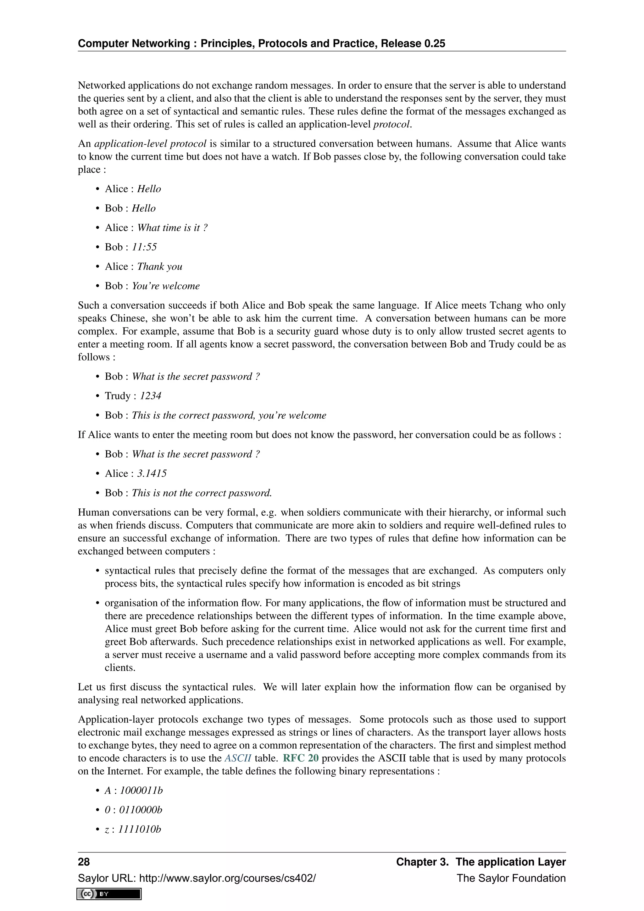 Computer Networking : Principles, Protocols and Practice, Release 0.25
Networked applications do not exchange random messages. In order to ensure that the server is able to understand
the queries sent by a client, and also that the client is able to understand the responses sent by the server, they must
both agree on a set of syntactical and semantic rules. These rules deﬁne the format of the messages exchanged as
well as their ordering. This set of rules is called an application-level protocol.
An application-level protocol is similar to a structured conversation between humans. Assume that Alice wants
to know the current time but does not have a watch. If Bob passes close by, the following conversation could take
place :
• Alice : Hello
• Bob : Hello
• Alice : What time is it ?
• Bob : 11:55
• Alice : Thank you
• Bob : You’re welcome
Such a conversation succeeds if both Alice and Bob speak the same language. If Alice meets Tchang who only
speaks Chinese, she won’t be able to ask him the current time. A conversation between humans can be more
complex. For example, assume that Bob is a security guard whose duty is to only allow trusted secret agents to
enter a meeting room. If all agents know a secret password, the conversation between Bob and Trudy could be as
follows :
• Bob : What is the secret password ?
• Trudy : 1234
• Bob : This is the correct password, you’re welcome
If Alice wants to enter the meeting room but does not know the password, her conversation could be as follows :
• Bob : What is the secret password ?
• Alice : 3.1415
• Bob : This is not the correct password.
Human conversations can be very formal, e.g. when soldiers communicate with their hierarchy, or informal such
as when friends discuss. Computers that communicate are more akin to soldiers and require well-deﬁned rules to
ensure an successful exchange of information. There are two types of rules that deﬁne how information can be
exchanged between computers :
• syntactical rules that precisely deﬁne the format of the messages that are exchanged. As computers only
process bits, the syntactical rules specify how information is encoded as bit strings
• organisation of the information ﬂow. For many applications, the ﬂow of information must be structured and
there are precedence relationships between the different types of information. In the time example above,
Alice must greet Bob before asking for the current time. Alice would not ask for the current time ﬁrst and
greet Bob afterwards. Such precedence relationships exist in networked applications as well. For example,
a server must receive a username and a valid password before accepting more complex commands from its
clients.
Let us ﬁrst discuss the syntactical rules. We will later explain how the information ﬂow can be organised by
analysing real networked applications.
Application-layer protocols exchange two types of messages. Some protocols such as those used to support
electronic mail exchange messages expressed as strings or lines of characters. As the transport layer allows hosts
to exchange bytes, they need to agree on a common representation of the characters. The ﬁrst and simplest method
to encode characters is to use the ASCII table. RFC 20 provides the ASCII table that is used by many protocols
on the Internet. For example, the table deﬁnes the following binary representations :
• A : 1000011b
• 0 : 0110000b
• z : 1111010b
28 Chapter 3. The application Layer
Saylor URL: http://www.saylor.org/courses/cs402/ The Saylor Foundation
 