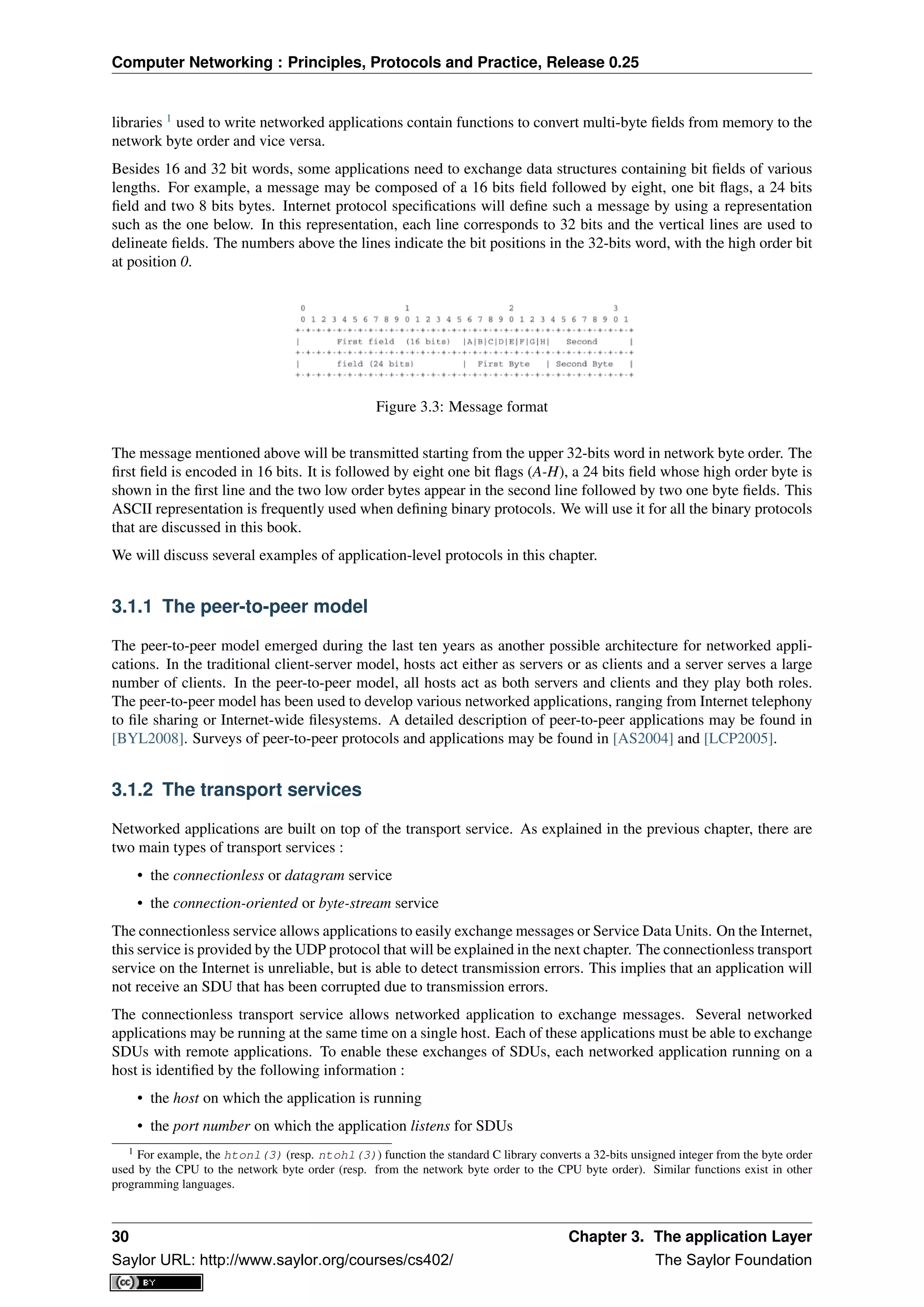 Computer Networking : Principles, Protocols and Practice, Release 0.25
libraries 1
used to write networked applications contain functions to convert multi-byte ﬁelds from memory to the
network byte order and vice versa.
Besides 16 and 32 bit words, some applications need to exchange data structures containing bit ﬁelds of various
lengths. For example, a message may be composed of a 16 bits ﬁeld followed by eight, one bit ﬂags, a 24 bits
ﬁeld and two 8 bits bytes. Internet protocol speciﬁcations will deﬁne such a message by using a representation
such as the one below. In this representation, each line corresponds to 32 bits and the vertical lines are used to
delineate ﬁelds. The numbers above the lines indicate the bit positions in the 32-bits word, with the high order bit
at position 0.
Figure 3.3: Message format
The message mentioned above will be transmitted starting from the upper 32-bits word in network byte order. The
ﬁrst ﬁeld is encoded in 16 bits. It is followed by eight one bit ﬂags (A-H), a 24 bits ﬁeld whose high order byte is
shown in the ﬁrst line and the two low order bytes appear in the second line followed by two one byte ﬁelds. This
ASCII representation is frequently used when deﬁning binary protocols. We will use it for all the binary protocols
that are discussed in this book.
We will discuss several examples of application-level protocols in this chapter.
3.1.1 The peer-to-peer model
The peer-to-peer model emerged during the last ten years as another possible architecture for networked appli-
cations. In the traditional client-server model, hosts act either as servers or as clients and a server serves a large
number of clients. In the peer-to-peer model, all hosts act as both servers and clients and they play both roles.
The peer-to-peer model has been used to develop various networked applications, ranging from Internet telephony
to ﬁle sharing or Internet-wide ﬁlesystems. A detailed description of peer-to-peer applications may be found in
[BYL2008]. Surveys of peer-to-peer protocols and applications may be found in [AS2004] and [LCP2005].
3.1.2 The transport services
Networked applications are built on top of the transport service. As explained in the previous chapter, there are
two main types of transport services :
• the connectionless or datagram service
• the connection-oriented or byte-stream service
The connectionless service allows applications to easily exchange messages or Service Data Units. On the Internet,
this service is provided by the UDP protocol that will be explained in the next chapter. The connectionless transport
service on the Internet is unreliable, but is able to detect transmission errors. This implies that an application will
not receive an SDU that has been corrupted due to transmission errors.
The connectionless transport service allows networked application to exchange messages. Several networked
applications may be running at the same time on a single host. Each of these applications must be able to exchange
SDUs with remote applications. To enable these exchanges of SDUs, each networked application running on a
host is identiﬁed by the following information :
• the host on which the application is running
• the port number on which the application listens for SDUs
1 For example, the htonl(3) (resp. ntohl(3)) function the standard C library converts a 32-bits unsigned integer from the byte order
used by the CPU to the network byte order (resp. from the network byte order to the CPU byte order). Similar functions exist in other
programming languages.
30 Chapter 3. The application Layer
Saylor URL: http://www.saylor.org/courses/cs402/ The Saylor Foundation
 