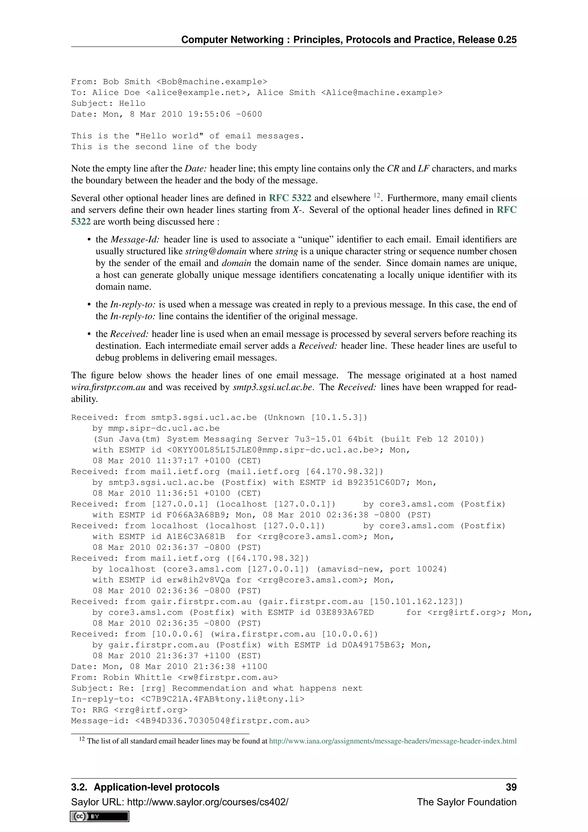 Computer Networking : Principles, Protocols and Practice, Release 0.25
From: Bob Smith <Bob@machine.example>
To: Alice Doe <alice@example.net>, Alice Smith <Alice@machine.example>
Subject: Hello
Date: Mon, 8 Mar 2010 19:55:06 -0600
This is the "Hello world" of email messages.
This is the second line of the body
Note the empty line after the Date: header line; this empty line contains only the CR and LF characters, and marks
the boundary between the header and the body of the message.
Several other optional header lines are deﬁned in RFC 5322 and elsewhere 12
. Furthermore, many email clients
and servers deﬁne their own header lines starting from X-. Several of the optional header lines deﬁned in RFC
5322 are worth being discussed here :
• the Message-Id: header line is used to associate a “unique” identiﬁer to each email. Email identiﬁers are
usually structured like string@domain where string is a unique character string or sequence number chosen
by the sender of the email and domain the domain name of the sender. Since domain names are unique,
a host can generate globally unique message identiﬁers concatenating a locally unique identiﬁer with its
domain name.
• the In-reply-to: is used when a message was created in reply to a previous message. In this case, the end of
the In-reply-to: line contains the identiﬁer of the original message.
• the Received: header line is used when an email message is processed by several servers before reaching its
destination. Each intermediate email server adds a Received: header line. These header lines are useful to
debug problems in delivering email messages.
The ﬁgure below shows the header lines of one email message. The message originated at a host named
wira.ﬁrstpr.com.au and was received by smtp3.sgsi.ucl.ac.be. The Received: lines have been wrapped for read-
ability.
Received: from smtp3.sgsi.ucl.ac.be (Unknown [10.1.5.3])
by mmp.sipr-dc.ucl.ac.be
(Sun Java(tm) System Messaging Server 7u3-15.01 64bit (built Feb 12 2010))
with ESMTP id <0KYY00L85LI5JLE0@mmp.sipr-dc.ucl.ac.be>; Mon,
08 Mar 2010 11:37:17 +0100 (CET)
Received: from mail.ietf.org (mail.ietf.org [64.170.98.32])
by smtp3.sgsi.ucl.ac.be (Postfix) with ESMTP id B92351C60D7; Mon,
08 Mar 2010 11:36:51 +0100 (CET)
Received: from [127.0.0.1] (localhost [127.0.0.1]) by core3.amsl.com (Postfix)
with ESMTP id F066A3A68B9; Mon, 08 Mar 2010 02:36:38 -0800 (PST)
Received: from localhost (localhost [127.0.0.1]) by core3.amsl.com (Postfix)
with ESMTP id A1E6C3A681B for <rrg@core3.amsl.com>; Mon,
08 Mar 2010 02:36:37 -0800 (PST)
Received: from mail.ietf.org ([64.170.98.32])
by localhost (core3.amsl.com [127.0.0.1]) (amavisd-new, port 10024)
with ESMTP id erw8ih2v8VQa for <rrg@core3.amsl.com>; Mon,
08 Mar 2010 02:36:36 -0800 (PST)
Received: from gair.firstpr.com.au (gair.firstpr.com.au [150.101.162.123])
by core3.amsl.com (Postfix) with ESMTP id 03E893A67ED for <rrg@irtf.org>; Mon,
08 Mar 2010 02:36:35 -0800 (PST)
Received: from [10.0.0.6] (wira.firstpr.com.au [10.0.0.6])
by gair.firstpr.com.au (Postfix) with ESMTP id D0A49175B63; Mon,
08 Mar 2010 21:36:37 +1100 (EST)
Date: Mon, 08 Mar 2010 21:36:38 +1100
From: Robin Whittle <rw@firstpr.com.au>
Subject: Re: [rrg] Recommendation and what happens next
In-reply-to: <C7B9C21A.4FAB%tony.li@tony.li>
To: RRG <rrg@irtf.org>
Message-id: <4B94D336.7030504@firstpr.com.au>
12 The list of all standard email header lines may be found at http://www.iana.org/assignments/message-headers/message-header-index.html
3.2. Application-level protocols 39
Saylor URL: http://www.saylor.org/courses/cs402/ The Saylor Foundation
 