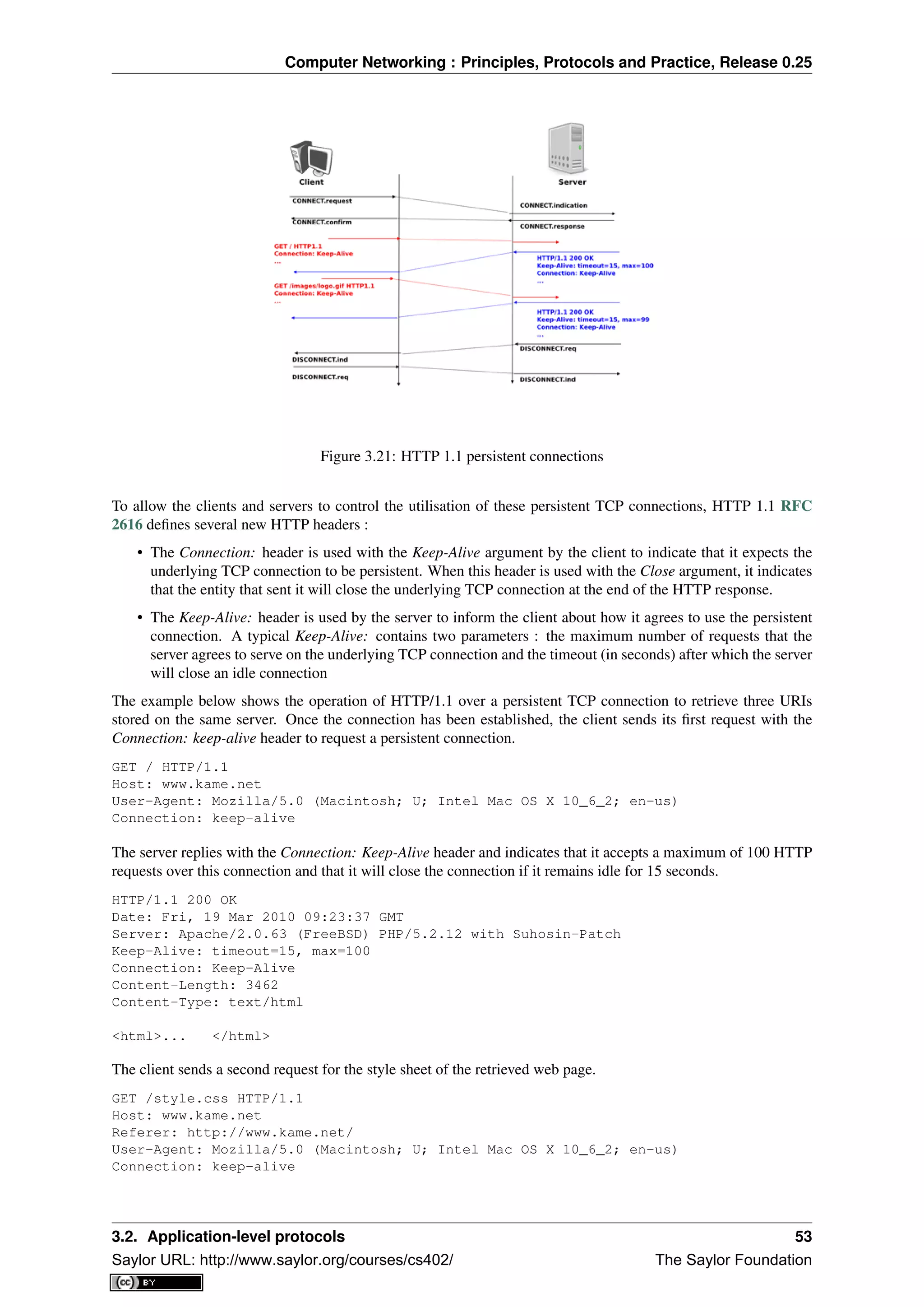 Computer Networking : Principles, Protocols and Practice, Release 0.25
Figure 3.21: HTTP 1.1 persistent connections
To allow the clients and servers to control the utilisation of these persistent TCP connections, HTTP 1.1 RFC
2616 deﬁnes several new HTTP headers :
• The Connection: header is used with the Keep-Alive argument by the client to indicate that it expects the
underlying TCP connection to be persistent. When this header is used with the Close argument, it indicates
that the entity that sent it will close the underlying TCP connection at the end of the HTTP response.
• The Keep-Alive: header is used by the server to inform the client about how it agrees to use the persistent
connection. A typical Keep-Alive: contains two parameters : the maximum number of requests that the
server agrees to serve on the underlying TCP connection and the timeout (in seconds) after which the server
will close an idle connection
The example below shows the operation of HTTP/1.1 over a persistent TCP connection to retrieve three URIs
stored on the same server. Once the connection has been established, the client sends its ﬁrst request with the
Connection: keep-alive header to request a persistent connection.
GET / HTTP/1.1
Host: www.kame.net
User-Agent: Mozilla/5.0 (Macintosh; U; Intel Mac OS X 10_6_2; en-us)
Connection: keep-alive
The server replies with the Connection: Keep-Alive header and indicates that it accepts a maximum of 100 HTTP
requests over this connection and that it will close the connection if it remains idle for 15 seconds.
HTTP/1.1 200 OK
Date: Fri, 19 Mar 2010 09:23:37 GMT
Server: Apache/2.0.63 (FreeBSD) PHP/5.2.12 with Suhosin-Patch
Keep-Alive: timeout=15, max=100
Connection: Keep-Alive
Content-Length: 3462
Content-Type: text/html
<html>... </html>
The client sends a second request for the style sheet of the retrieved web page.
GET /style.css HTTP/1.1
Host: www.kame.net
Referer: http://www.kame.net/
User-Agent: Mozilla/5.0 (Macintosh; U; Intel Mac OS X 10_6_2; en-us)
Connection: keep-alive
3.2. Application-level protocols 53
Saylor URL: http://www.saylor.org/courses/cs402/ The Saylor Foundation
 
