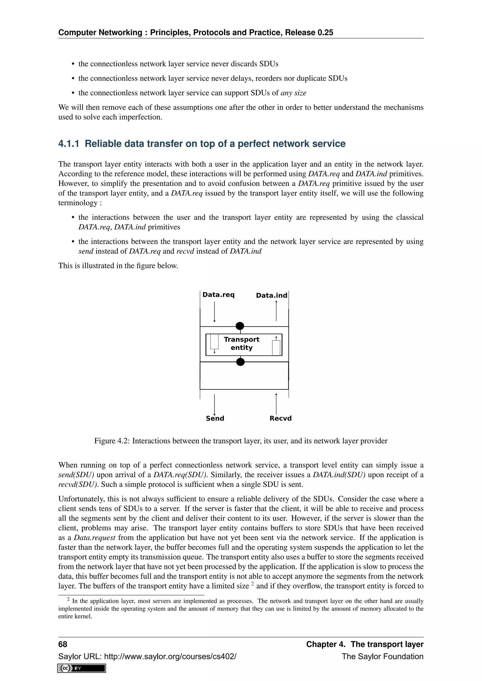 Computer Networking : Principles, Protocols and Practice, Release 0.25
• the connectionless network layer service never discards SDUs
• the connectionless network layer service never delays, reorders nor duplicate SDUs
• the connectionless network layer service can support SDUs of any size
We will then remove each of these assumptions one after the other in order to better understand the mechanisms
used to solve each imperfection.
4.1.1 Reliable data transfer on top of a perfect network service
The transport layer entity interacts with both a user in the application layer and an entity in the network layer.
According to the reference model, these interactions will be performed using DATA.req and DATA.ind primitives.
However, to simplify the presentation and to avoid confusion between a DATA.req primitive issued by the user
of the transport layer entity, and a DATA.req issued by the transport layer entity itself, we will use the following
terminology :
• the interactions between the user and the transport layer entity are represented by using the classical
DATA.req, DATA.ind primitives
• the interactions between the transport layer entity and the network layer service are represented by using
send instead of DATA.req and recvd instead of DATA.ind
This is illustrated in the ﬁgure below.
Transport
entity
Data.req Data.ind
Send Recvd
Figure 4.2: Interactions between the transport layer, its user, and its network layer provider
When running on top of a perfect connectionless network service, a transport level entity can simply issue a
send(SDU) upon arrival of a DATA.req(SDU). Similarly, the receiver issues a DATA.ind(SDU) upon receipt of a
recvd(SDU). Such a simple protocol is sufﬁcient when a single SDU is sent.
Unfortunately, this is not always sufﬁcient to ensure a reliable delivery of the SDUs. Consider the case where a
client sends tens of SDUs to a server. If the server is faster that the client, it will be able to receive and process
all the segments sent by the client and deliver their content to its user. However, if the server is slower than the
client, problems may arise. The transport layer entity contains buffers to store SDUs that have been received
as a Data.request from the application but have not yet been sent via the network service. If the application is
faster than the network layer, the buffer becomes full and the operating system suspends the application to let the
transport entity empty its transmission queue. The transport entity also uses a buffer to store the segments received
from the network layer that have not yet been processed by the application. If the application is slow to process the
data, this buffer becomes full and the transport entity is not able to accept anymore the segments from the network
layer. The buffers of the transport entity have a limited size 2
and if they overﬂow, the transport entity is forced to
2 In the application layer, most servers are implemented as processes. The network and transport layer on the other hand are usually
implemented inside the operating system and the amount of memory that they can use is limited by the amount of memory allocated to the
entire kernel.
68 Chapter 4. The transport layer
Saylor URL: http://www.saylor.org/courses/cs402/ The Saylor Foundation
 