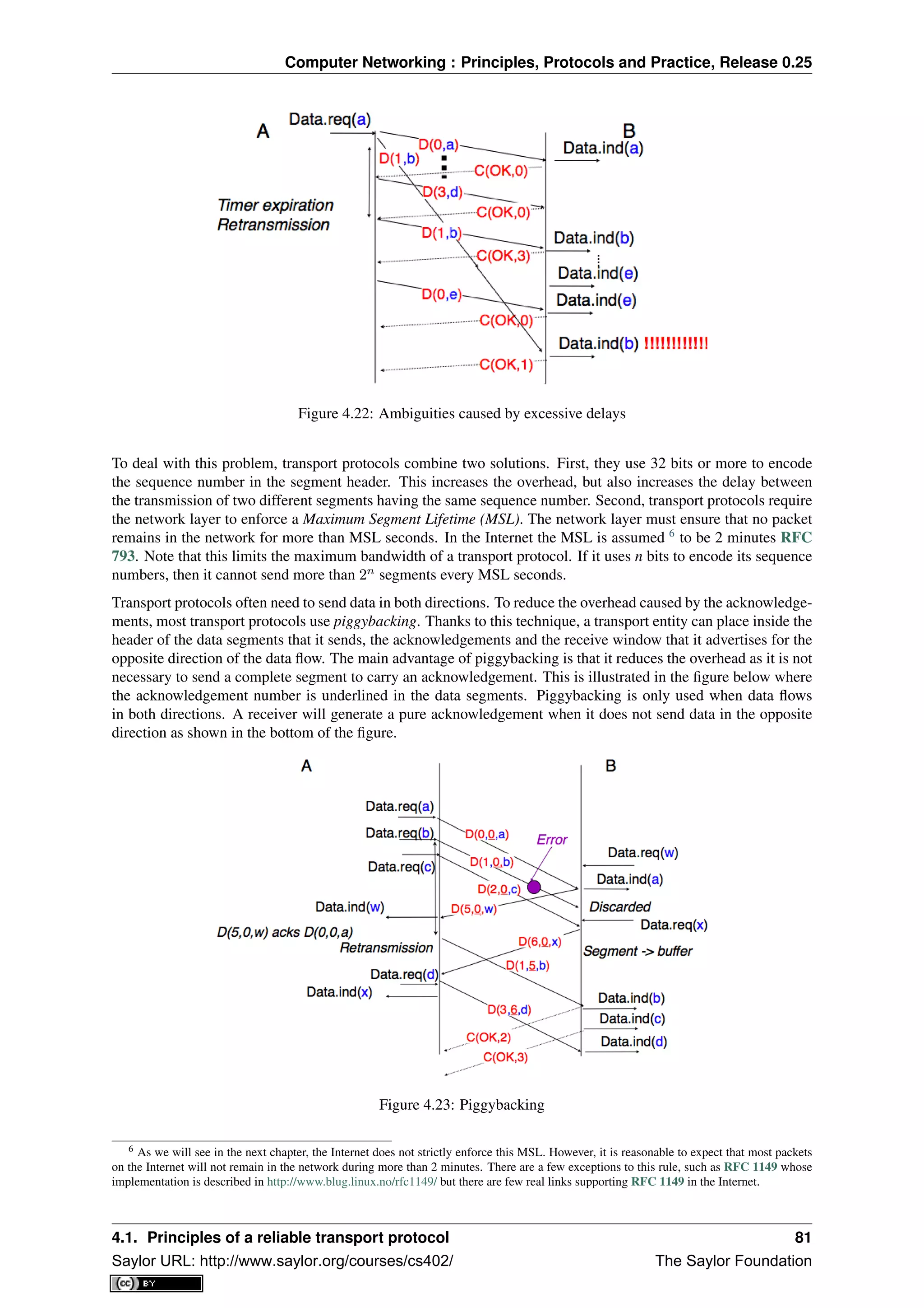 Computer Networking : Principles, Protocols and Practice, Release 0.25
Figure 4.22: Ambiguities caused by excessive delays
To deal with this problem, transport protocols combine two solutions. First, they use 32 bits or more to encode
the sequence number in the segment header. This increases the overhead, but also increases the delay between
the transmission of two different segments having the same sequence number. Second, transport protocols require
the network layer to enforce a Maximum Segment Lifetime (MSL). The network layer must ensure that no packet
remains in the network for more than MSL seconds. In the Internet the MSL is assumed 6
to be 2 minutes RFC
793. Note that this limits the maximum bandwidth of a transport protocol. If it uses n bits to encode its sequence
numbers, then it cannot send more than 2n
segments every MSL seconds.
Transport protocols often need to send data in both directions. To reduce the overhead caused by the acknowledge-
ments, most transport protocols use piggybacking. Thanks to this technique, a transport entity can place inside the
header of the data segments that it sends, the acknowledgements and the receive window that it advertises for the
opposite direction of the data ﬂow. The main advantage of piggybacking is that it reduces the overhead as it is not
necessary to send a complete segment to carry an acknowledgement. This is illustrated in the ﬁgure below where
the acknowledgement number is underlined in the data segments. Piggybacking is only used when data ﬂows
in both directions. A receiver will generate a pure acknowledgement when it does not send data in the opposite
direction as shown in the bottom of the ﬁgure.
Figure 4.23: Piggybacking
6 As we will see in the next chapter, the Internet does not strictly enforce this MSL. However, it is reasonable to expect that most packets
on the Internet will not remain in the network during more than 2 minutes. There are a few exceptions to this rule, such as RFC 1149 whose
implementation is described in http://www.blug.linux.no/rfc1149/ but there are few real links supporting RFC 1149 in the Internet.
4.1. Principles of a reliable transport protocol 81
Saylor URL: http://www.saylor.org/courses/cs402/ The Saylor Foundation
 