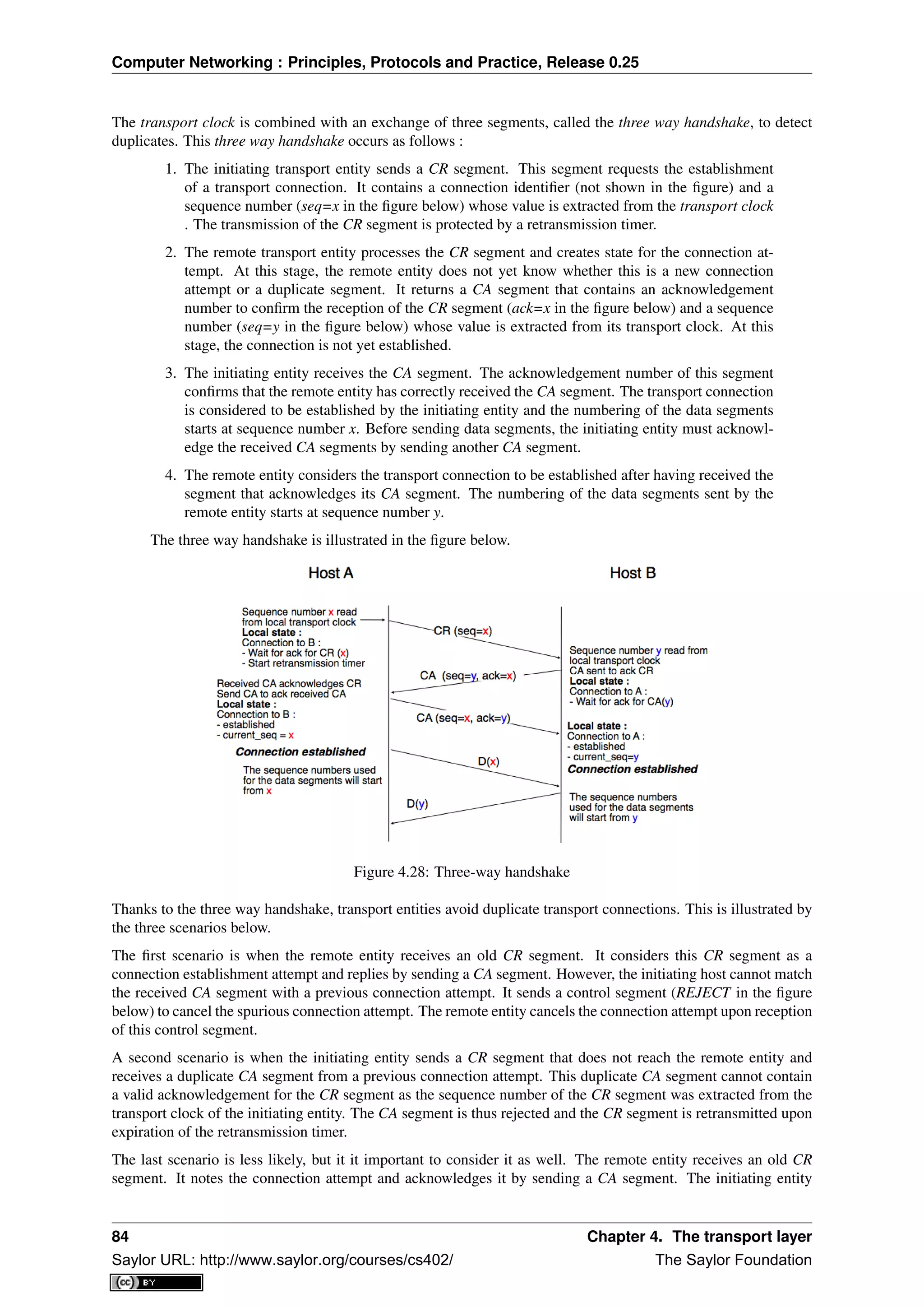Computer Networking : Principles, Protocols and Practice, Release 0.25
The transport clock is combined with an exchange of three segments, called the three way handshake, to detect
duplicates. This three way handshake occurs as follows :
1. The initiating transport entity sends a CR segment. This segment requests the establishment
of a transport connection. It contains a connection identiﬁer (not shown in the ﬁgure) and a
sequence number (seq=x in the ﬁgure below) whose value is extracted from the transport clock
. The transmission of the CR segment is protected by a retransmission timer.
2. The remote transport entity processes the CR segment and creates state for the connection at-
tempt. At this stage, the remote entity does not yet know whether this is a new connection
attempt or a duplicate segment. It returns a CA segment that contains an acknowledgement
number to conﬁrm the reception of the CR segment (ack=x in the ﬁgure below) and a sequence
number (seq=y in the ﬁgure below) whose value is extracted from its transport clock. At this
stage, the connection is not yet established.
3. The initiating entity receives the CA segment. The acknowledgement number of this segment
conﬁrms that the remote entity has correctly received the CA segment. The transport connection
is considered to be established by the initiating entity and the numbering of the data segments
starts at sequence number x. Before sending data segments, the initiating entity must acknowl-
edge the received CA segments by sending another CA segment.
4. The remote entity considers the transport connection to be established after having received the
segment that acknowledges its CA segment. The numbering of the data segments sent by the
remote entity starts at sequence number y.
The three way handshake is illustrated in the ﬁgure below.
Figure 4.28: Three-way handshake
Thanks to the three way handshake, transport entities avoid duplicate transport connections. This is illustrated by
the three scenarios below.
The ﬁrst scenario is when the remote entity receives an old CR segment. It considers this CR segment as a
connection establishment attempt and replies by sending a CA segment. However, the initiating host cannot match
the received CA segment with a previous connection attempt. It sends a control segment (REJECT in the ﬁgure
below) to cancel the spurious connection attempt. The remote entity cancels the connection attempt upon reception
of this control segment.
A second scenario is when the initiating entity sends a CR segment that does not reach the remote entity and
receives a duplicate CA segment from a previous connection attempt. This duplicate CA segment cannot contain
a valid acknowledgement for the CR segment as the sequence number of the CR segment was extracted from the
transport clock of the initiating entity. The CA segment is thus rejected and the CR segment is retransmitted upon
expiration of the retransmission timer.
The last scenario is less likely, but it it important to consider it as well. The remote entity receives an old CR
segment. It notes the connection attempt and acknowledges it by sending a CA segment. The initiating entity
84 Chapter 4. The transport layer
Saylor URL: http://www.saylor.org/courses/cs402/ The Saylor Foundation
 