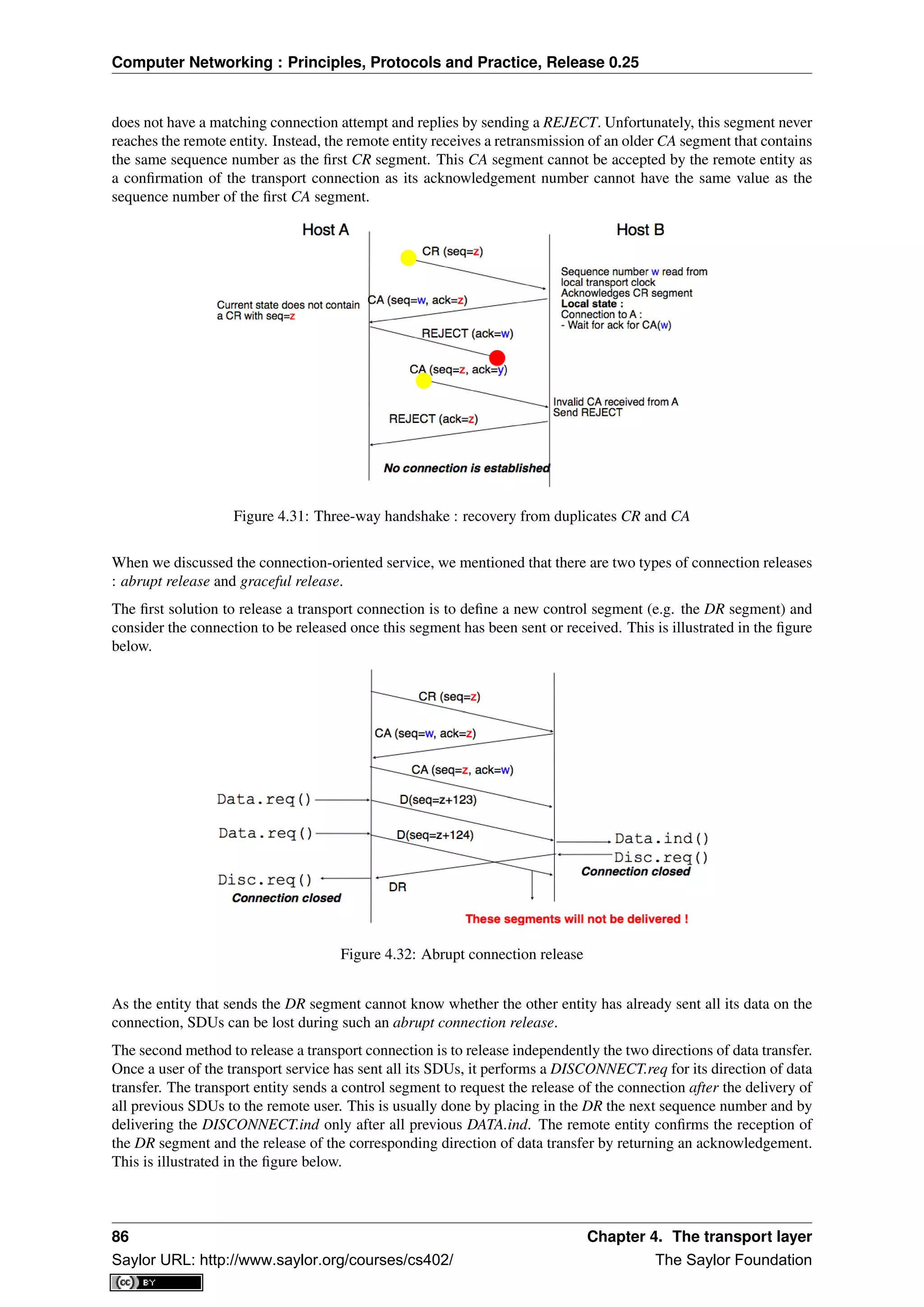 Computer Networking : Principles, Protocols and Practice, Release 0.25
does not have a matching connection attempt and replies by sending a REJECT. Unfortunately, this segment never
reaches the remote entity. Instead, the remote entity receives a retransmission of an older CA segment that contains
the same sequence number as the ﬁrst CR segment. This CA segment cannot be accepted by the remote entity as
a conﬁrmation of the transport connection as its acknowledgement number cannot have the same value as the
sequence number of the ﬁrst CA segment.
Figure 4.31: Three-way handshake : recovery from duplicates CR and CA
When we discussed the connection-oriented service, we mentioned that there are two types of connection releases
: abrupt release and graceful release.
The ﬁrst solution to release a transport connection is to deﬁne a new control segment (e.g. the DR segment) and
consider the connection to be released once this segment has been sent or received. This is illustrated in the ﬁgure
below.
Figure 4.32: Abrupt connection release
As the entity that sends the DR segment cannot know whether the other entity has already sent all its data on the
connection, SDUs can be lost during such an abrupt connection release.
The second method to release a transport connection is to release independently the two directions of data transfer.
Once a user of the transport service has sent all its SDUs, it performs a DISCONNECT.req for its direction of data
transfer. The transport entity sends a control segment to request the release of the connection after the delivery of
all previous SDUs to the remote user. This is usually done by placing in the DR the next sequence number and by
delivering the DISCONNECT.ind only after all previous DATA.ind. The remote entity conﬁrms the reception of
the DR segment and the release of the corresponding direction of data transfer by returning an acknowledgement.
This is illustrated in the ﬁgure below.
86 Chapter 4. The transport layer
Saylor URL: http://www.saylor.org/courses/cs402/ The Saylor Foundation
 