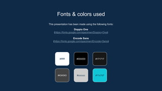 This presentation has been made using the following fonts:
Doppio One
(https://fonts.google.com/specimen/Doppio+One)
Encode Sans
(https://fonts.google.com/specimen/Encode+Sans)
#ffffff #000000 #171717
#434343 #cccccc #11c7d7
Fonts & colors used
 