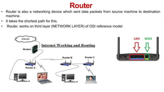 Router
• Router is also a networking device which sent data packets from source machine to destination
machine.
• It takes the shortest path for this.
• Router, works on third layer (NETWORK LAYER) of OSI reference model.
 