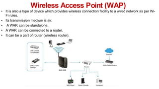 Wireless Access Point (WAP)
• It is also a type of device which provides wireless connection facility to a wired network as per Wi-
Fi rules.
• Its transmission medium is air.
• A WAP, can be standalone.
• A WAP, can be connected to a router.
• It can be a part of router (wireless router).
 