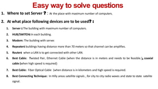 Easy way to solve questions
1. Where to set Server ? : At the place with maximum number of computers.
2. At what place following devices are to be used? :
1. Server : The building with maximum number of computers.
2. HUB/SWITCH: In each building.
3. Modem: The building with server
.
4. Repeater: buildings having distance more than 70 meters so that channel can be amplifies.
5. Router: when a LAN is to get connected with other LAN.
6. Best Cable: Twisted Pair, Ethernet Cable (when the distance is in meters and needs to be feasible.), coaxial
cable (when high speed is required)
7. Best Cable: Fiber Optical Cable (when distance is in kilometers and high speed is required.
8. Best Connecting Technique: In Hilly areas satellite signals , for city to city radio waves and state to state satelite
signal.
 