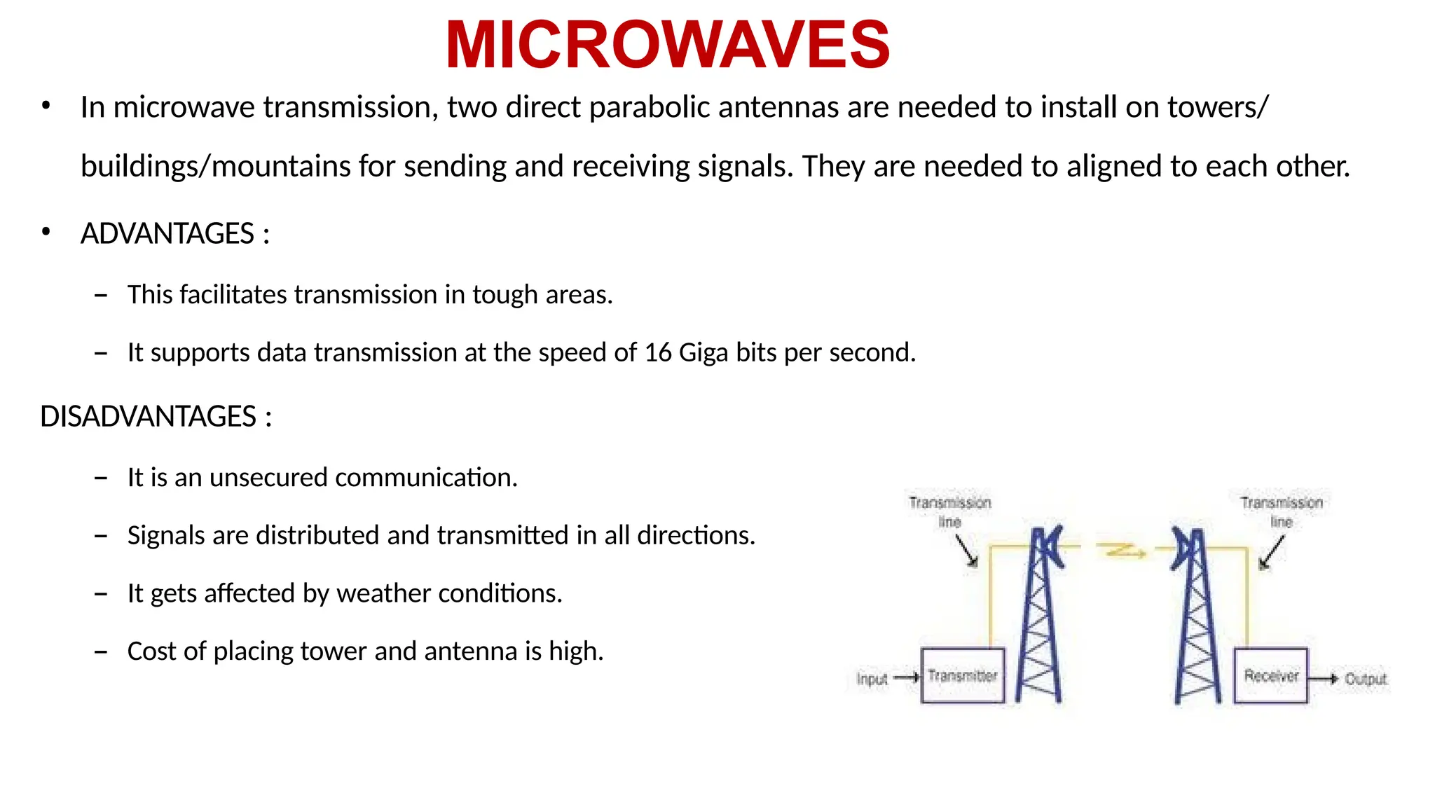 MICROWAVES
• In microwave transmission, two direct parabolic antennas are needed to install on towers/
buildings/mountains for sending and receiving signals. They are needed to aligned to each other.
• ADVANTAGES :
– This facilitates transmission in tough areas.
– It supports data transmission at the speed of 16 Giga bits per second.
DISADVANTAGES :
– It is an unsecured communication.
– Signals are distributed and transmitted in all directions.
– It gets affected by weather conditions.
– Cost of placing tower and antenna is high.
 