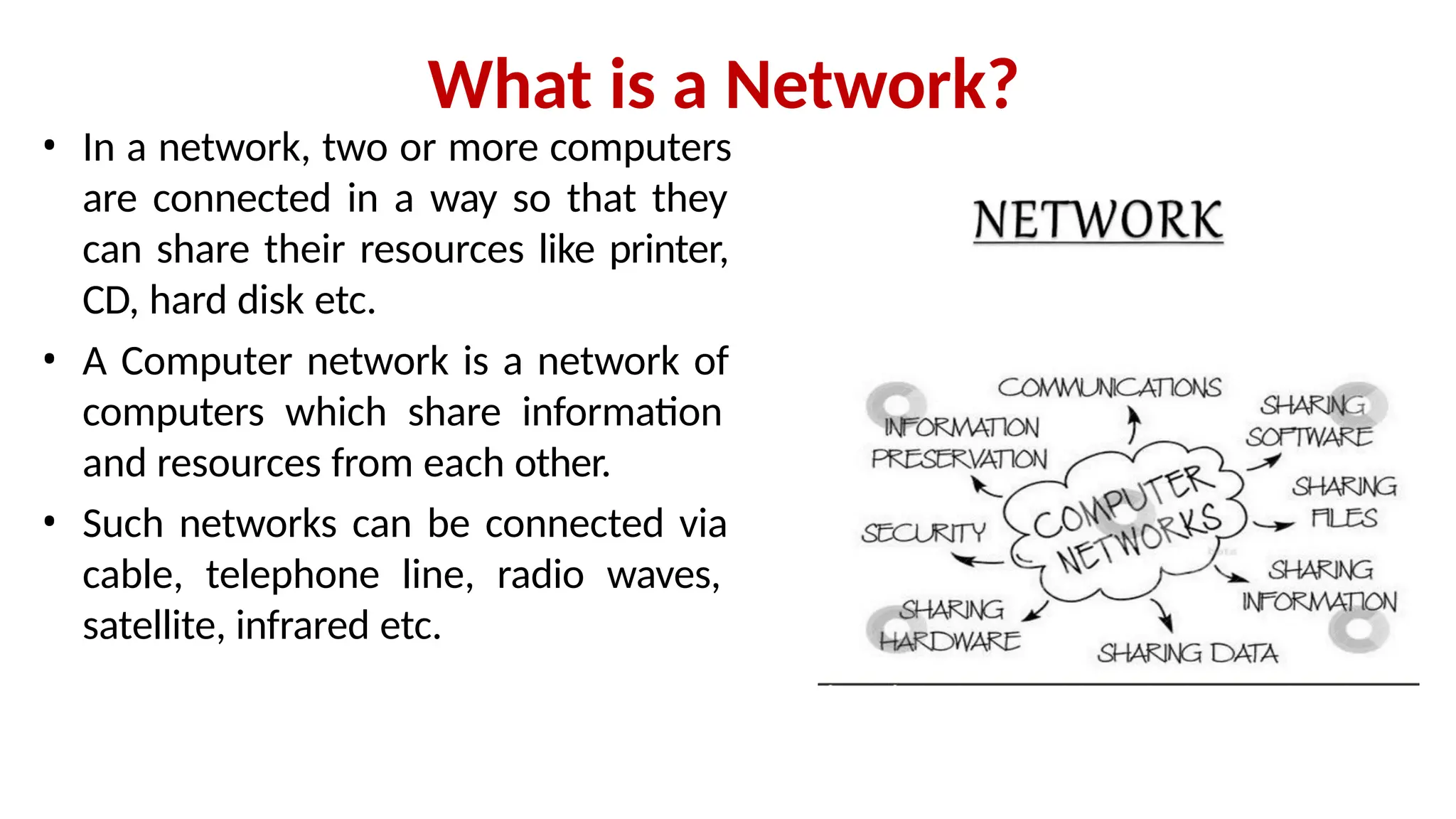 What is a Network?
• In a network, two or more computers
are connected in a way so that they
can share their resources like printer,
CD, hard disk etc.
• A Computer network is a network of
computers which share information
and resources from each other.
• Such networks can be connected via
cable, telephone line, radio waves,
satellite, infrared etc.
 