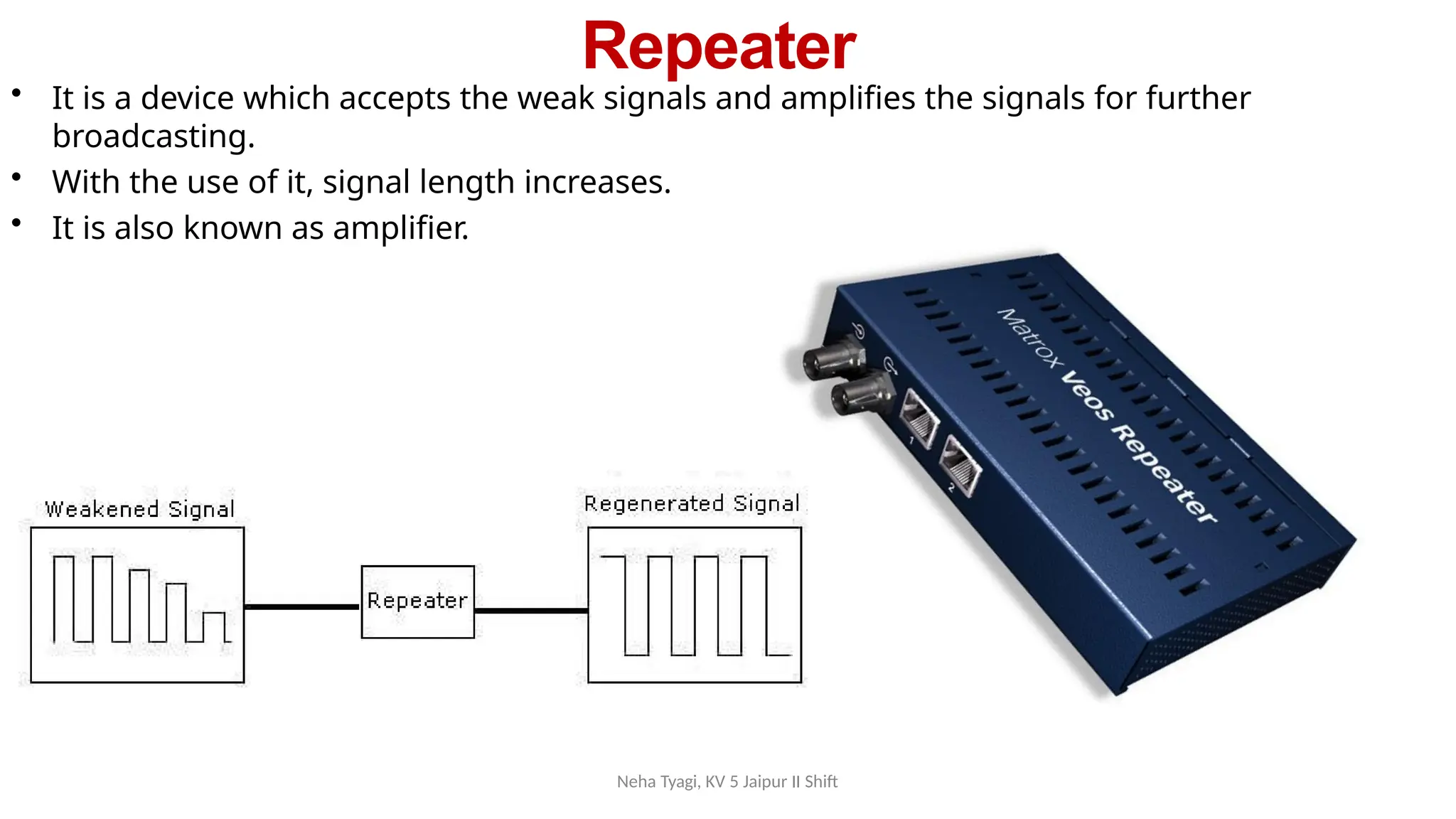 Repeater
Neha Tyagi, KV 5 Jaipur II Shift
• It is a device which accepts the weak signals and amplifies the signals for further
broadcasting.
• With the use of it, signal length increases.
• It is also known as amplifier.
 