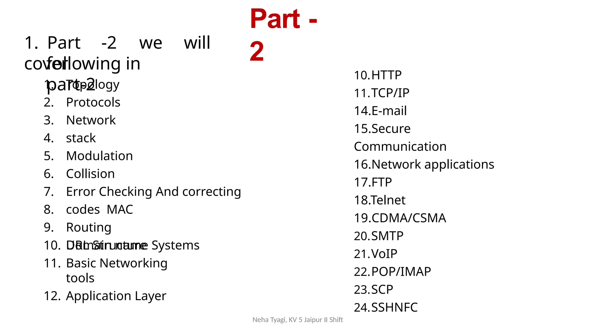 Neha Tyagi, KV 5 Jaipur II Shift
Part -
2
1. Part -2 we will
cover
following in
part-2
1.
2.
3.
4.
5.
6.
7.
8.
9.
Topology
Protocols
Network
stack
Modulation
Collision
Error Checking And correcting
codes MAC
Routing
Domain name Systems
10. URL Structure
11. Basic Networking
tools
12. Application Layer
10.HTTP
11.TCP/IP
14.E-mail
15.Secure
Communication
16.Network applications
17.FTP
18.Telnet
19.CDMA/CSMA
20.SMTP
21.VoIP
22.POP/IMAP
23.SCP
24.SSHNFC
 