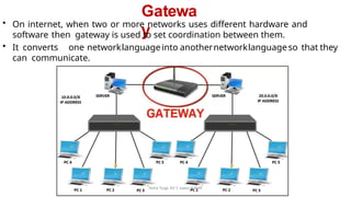 Gatewa
y
• On internet, when two or more networks uses different hardware and
software then gateway is used to set coordination between them.
• It converts one networklanguageinto anothernetworklanguageso that they
can communicate.
Neha Tyagi, KV 5 Jaipur II Shift
 