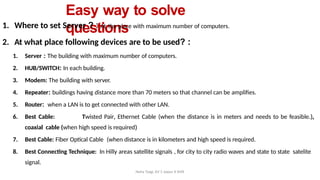 Neha Tyagi, KV 5 Jaipur II Shift
Easy way to solve
questions
1. Where to set Server ? : At the place with maximum number of computers.
2. At what place following devices are to be used? :
1. Server : The building with maximum number of computers.
2. HUB/SWITCH: In each building.
3. Modem: The building with server.
4. Repeater: buildings having distance more than 70 meters so that channel can be amplifies.
5. Router: when a LAN is to get connected with other LAN.
6. Best Cable: Twisted Pair, Ethernet Cable (when the distance is in meters and needs to be feasible.),
coaxial cable (when high speed is required)
7. Best Cable: Fiber Optical Cable (when distance is in kilometers and high speed is required.
8. Best Connecting Technique: In Hilly areas satellite signals , for city to city radio waves and state to state satelite
signal.
 