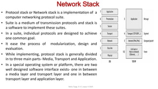 Network Stack
• Protocol stack or Network stack is a implementation of a
computer networking protocol suite.
• Suite is a medium of transmission protocols and stack is
a software to implement these suites.
• In a suite, individual protocols are designed to achieve
one common goal.
• It ease the process of modularization, design and
evaluation.
• While implementing, protocol stack is generally divided
in to three main parts- Media, Transport and Application.
• In a special operating system or platform, there are two
well designed software interface exists- one in between
a media layer and transport layer and one in between
transport layer and application layer.
Neha Tyagi, K V 5 Jaipur II Shift
 