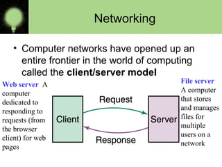 Networking
• Computer networks have opened up an
entire frontier in the world of computing
called the client/server model
Web server A
computer
dedicated to
responding to
requests (from
the browser
client) for web
pages
File server
A computer
that stores
and manages
files for
multiple
users on a
network
 