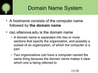 15-29
Domain Name System
• A hostname consists of the computer name
followed by the domain name
• csc.villanova.edu is the domain name
– A domain name is separated into two or more
sections that specify the organization, and possibly a
subset of an organization, of which the computer is a
part
– Two organizations can have a computer named the
same thing because the domain name makes it clear
which one is being referred to
 