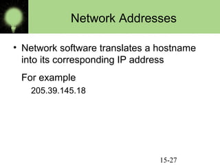 15-27
Network Addresses
• Network software translates a hostname
into its corresponding IP address
For example
205.39.145.18
 