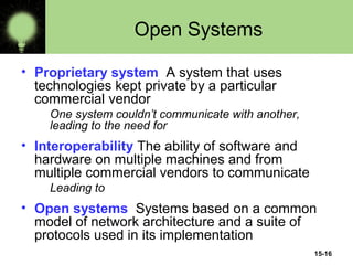 15-16
Open Systems
• Proprietary system A system that uses
technologies kept private by a particular
commercial vendor
One system couldn’t communicate with another,
leading to the need for
• Interoperability The ability of software and
hardware on multiple machines and from
multiple commercial vendors to communicate
Leading to
• Open systems Systems based on a common
model of network architecture and a suite of
protocols used in its implementation
 