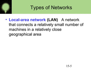 15-5
Types of Networks
• Local-area network (LAN) A network
that connects a relatively small number of
machines in a relatively close
geographical area
 