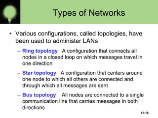 15-16
Types of Networks
• Various configurations, called topologies, have
been used to administer LANs
– Ring topology A configuration that connects all
nodes in a closed loop on which messages travel in
one direction
– Star topology A configuration that centers around
one node to which all others are connected and
through which all messages are sent
– Bus topology All nodes are connected to a single
communication line that carries messages in both
directions
 