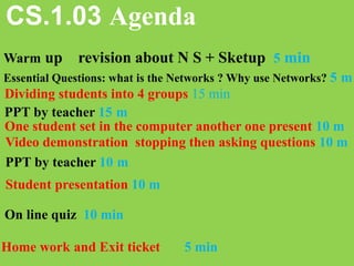 CS.1.03 Agenda
Warm up revision about N S + Sketup 5 min
PPT by teacher 15 m
On line quiz 10 min
Home work and Exit ticket 5 min
One student set in the computer another one present 10 m
Essential Questions: what is the Networks ? Why use Networks? 5 m
Video demonstration stopping then asking questions 10 m
Student presentation 10 m
Dividing students into 4 groups 15 min
PPT by teacher 10 m
 
