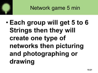 Network game 5 min
• Each group will get 5 to 6
Strings then they will
create one type of
networks then picturing
and photographing or
drawing
15-21
 