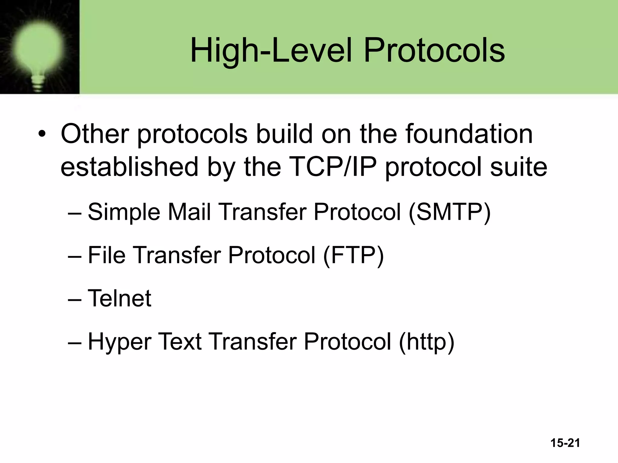 15-21
High-Level Protocols
• Other protocols build on the foundation
established by the TCP/IP protocol suite
– Simple Mail Transfer Protocol (SMTP)
– File Transfer Protocol (FTP)
– Telnet
– Hyper Text Transfer Protocol (http)
 