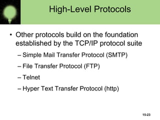 15-23
High-Level Protocols
• Other protocols build on the foundation
established by the TCP/IP protocol suite
– Simple Mail Transfer Protocol (SMTP)
– File Transfer Protocol (FTP)
– Telnet
– Hyper Text Transfer Protocol (http)
 