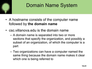 15-31
Domain Name System
• A hostname consists of the computer name
followed by the domain name
• csc.villanova.edu is the domain name
– A domain name is separated into two or more
sections that specify the organization, and possibly a
subset of an organization, of which the computer is a
part
– Two organizations can have a computer named the
same thing because the domain name makes it clear
which one is being referred to
 