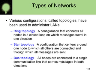 15-8
Types of Networks
• Various configurations, called topologies, have
been used to administer LANs
– Ring topology A configuration that connects all
nodes in a closed loop on which messages travel in
one direction
– Star topology A configuration that centers around
one node to which all others are connected and
through which all messages are sent
– Bus topology All nodes are connected to a single
communication line that carries messages in both
directions
 