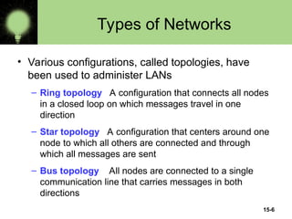 15-6
Types of Networks
• Various configurations, called topologies, have
been used to administer LANs
– Ring topology A configuration that connects all nodes
in a closed loop on which messages travel in one
direction
– Star topology A configuration that centers around one
node to which all others are connected and through
which all messages are sent
– Bus topology All nodes are connected to a single
communication line that carries messages in both
directions
 