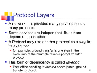 22 
Protocol Layers 
 A network that provides many services needs 
many protocols 
 Some services are independent, But others 
depend on each other 
 A Protocol may use another protocol as a step in 
its execution 
 for example, ground transfer is one step in the 
execution of the example reliable parcel transfer 
protocol 
 This form of dependency is called layering 
 Post office handling is layered above parcel ground 
transfer protocol. 
 