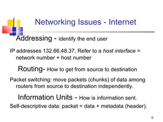 6 
Networking Issues - Internet 
Addressing - identify the end user 
IP addresses 132.66.48.37, Refer to a host interface = 
network number + host number 
Routing- How to get from source to destination 
Packet switching: move packets (chunks) of data among 
routers from source to destination independently. 
Information Units - How is information sent. 
Self-descriptive data: packet = data + metadata (header). 
 
