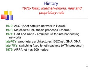 9 
History 
1972-1980: Internetworking, new and 
proprietary nets 
1970: ALOHAnet satellite network in Hawaii 
1973: Metcalfe’s PhD thesis proposes Ethernet 
1974: Cerf and Kahn - architecture for interconnecting 
networks 
late70’s: proprietary architectures: DECnet, SNA, XNA 
late 70’s: switching fixed length packets (ATM precursor) 
1979: ARPAnet has 200 nodes 
 