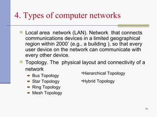 Local area  network (LAN).  Network  that connects communications devices in a limited geographical region within 2000’ (e.g., a building ), so that every user device on the network can communicate with every other device. Topology.  The  physical layout and connectivity of a network   Bus Topology Star Topology Ring Topology Mesh Topology 4. Types of computer networks Hierarchical Topology Hybrid Topology 