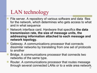 LAN technology File server.  A repository of various software and data  files for the network, which determines who gets access to what and in what sequence Network interface card . Hardware that specifics  the data  transmission rate, the size of message units, the addressing information attached to each message and network topology. Gateway.  A communications processor that connects dissimilar networks by translating from one set of protocols to another Bridge.  A communications processor that connects two networks of the same type. Router.  A communications processor that routes message through several connected LANs or to a wide area network. 