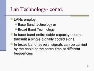Lan Technology- contd. LANs employ Base Band technology or Broad Band Technology In base band entire cable capacity used to transmit a single digitally coded signal In broad band, several signals can be carried by the cable at the same time at different frequencies 