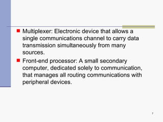 Multiplexer:  Electronic device that allows a single communications channel to carry data transmission simultaneously from many sources. Front-end processor:  A small secondary computer, dedicated solely to communication, that manages all routing communications with peripheral devices. 