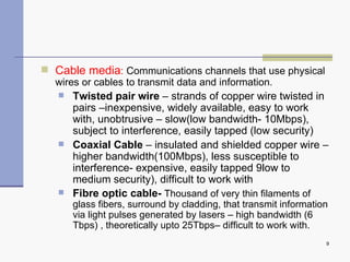Cable media :  Communications channels that use physical wires or cables to transmit data and information. Twisted pair wire  – strands of copper wire twisted in pairs –inexpensive, widely available, easy to work with, unobtrusive – slow(low bandwidth- 10Mbps), subject to interference, easily tapped (low security) Coaxial Cable  – insulated and shielded copper wire – higher bandwidth(100Mbps), less susceptible to interference- expensive, easily tapped 9low to medium security), difficult to work with Fibre optic cable-   Thousand of very thin filaments of glass fibers, surround by cladding, that transmit information via light pulses generated by lasers – high bandwidth (6 Tbps) , theoretically upto 25Tbps– difficult to work with. 